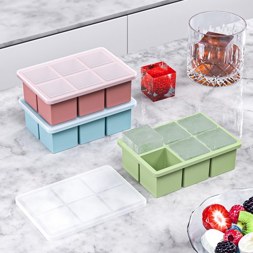 Large Ice Cube Tray for Whiskey 3 Pack, HANCELANT Big Silicone Square Ice Cube Mold with Removable Lid, 2'' Huge Square Ice Cubed Tray for Whisky and Cocktail(Blue+Green+Pink)