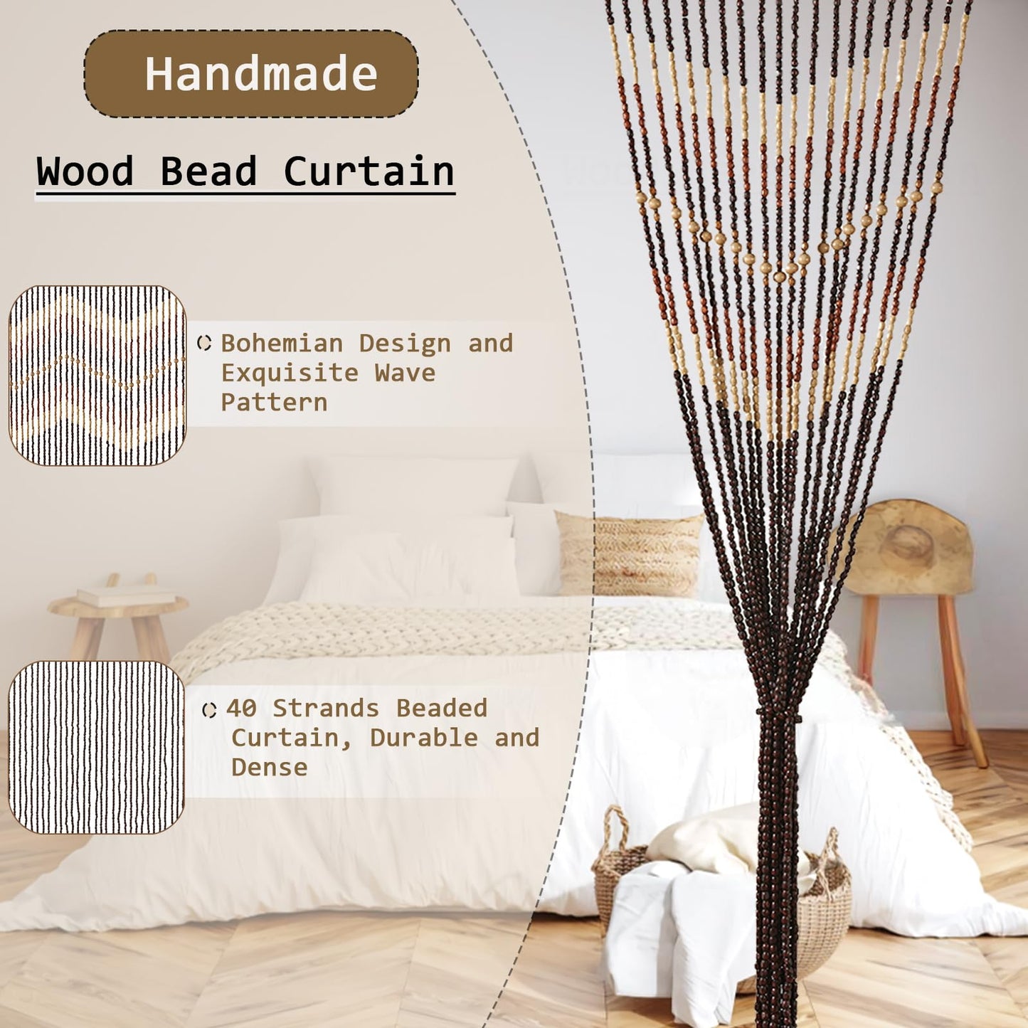HYVAKUPPA 35.5" x 75" Boho Wood Bead Curtain for Doorways 40 Strands Door String Curtains Handmade Beaded Curtain Window Hanging Room Divider Wave Pattern for Home Decoration, Dark Brown