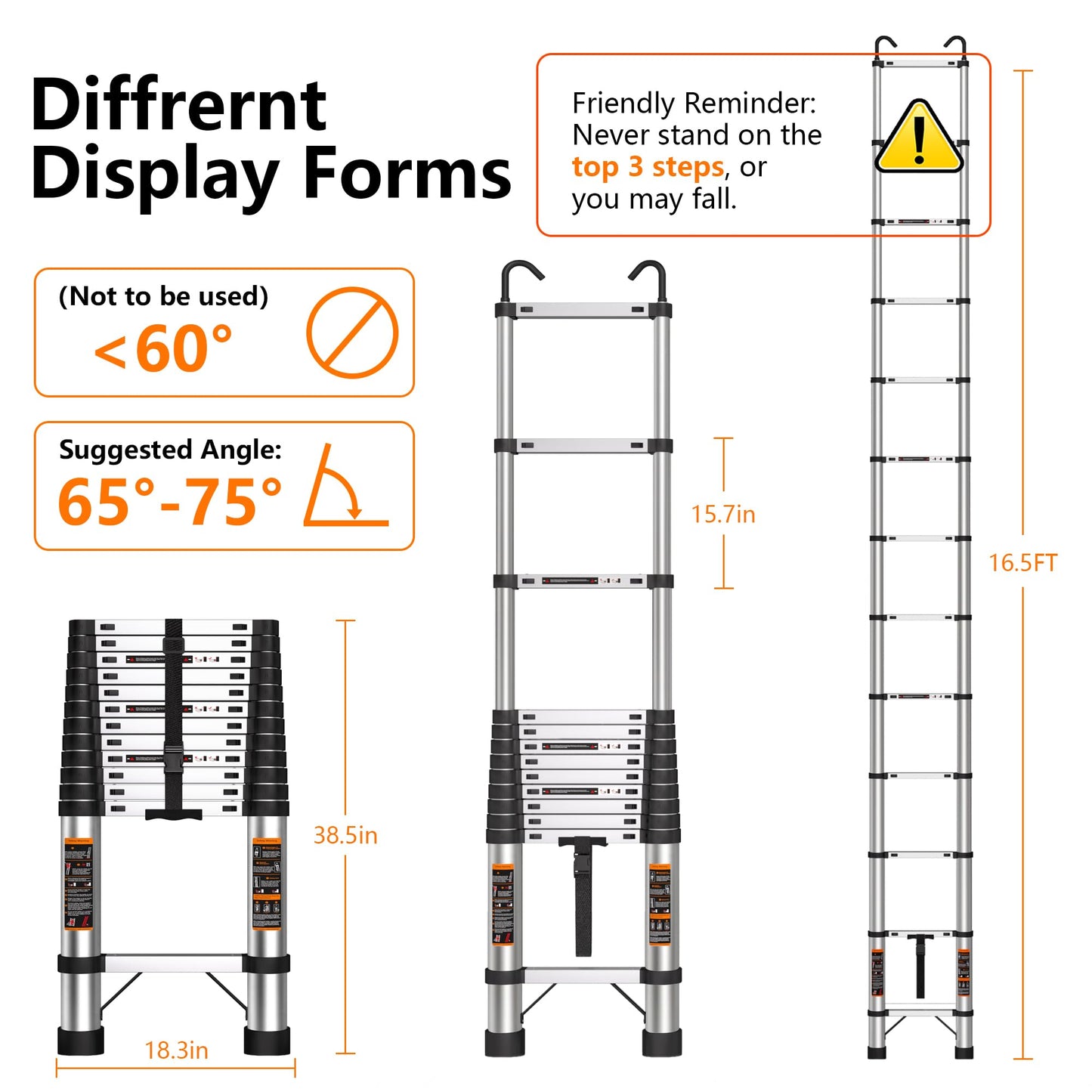 Telescoping Ladder 16.5 FT Stainless Steel Extension Ladder with 2 Detachable Hooks, Portable Multi-Purpose Collapsible Telescope Ladder for Home,RV,Outdoor Work, 330lbs Max Capacity