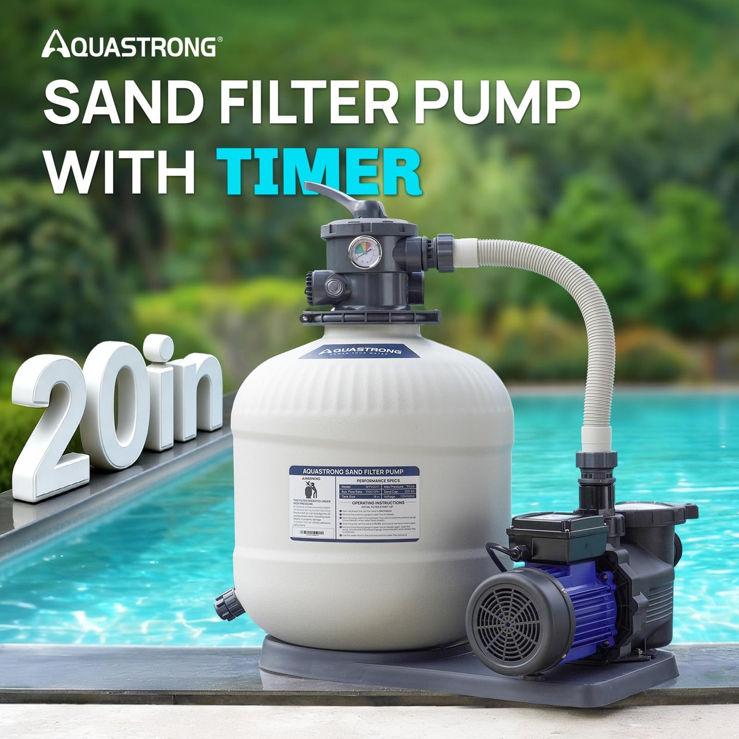 AQUASTRONG 20in Sand Filter Pump for Above Ground Pool with Timer, 220V, 2 HP, 8917 GPH Pool Pumps Above Ground for Pools Up to 38000 GAL, Pool Sand Filter with 6-Way Valve