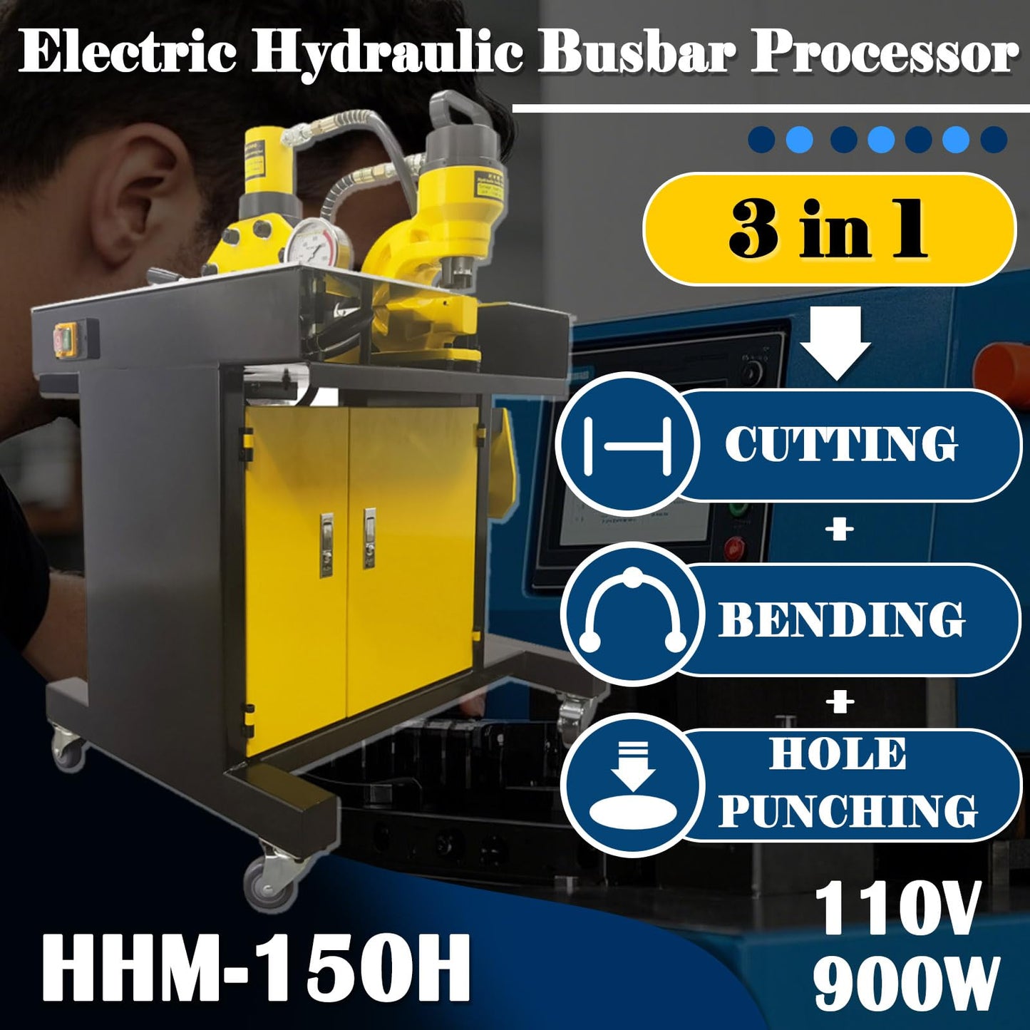 INTBUYING 3 in 1 Electric Hydraulic Busbar Processor Cutter/Bender/Hole Puncher 700bar for Copper & Aluminum Busbars, Industrial Grade Busbar Fabrication Tool with 6 Punching Dies 110V
