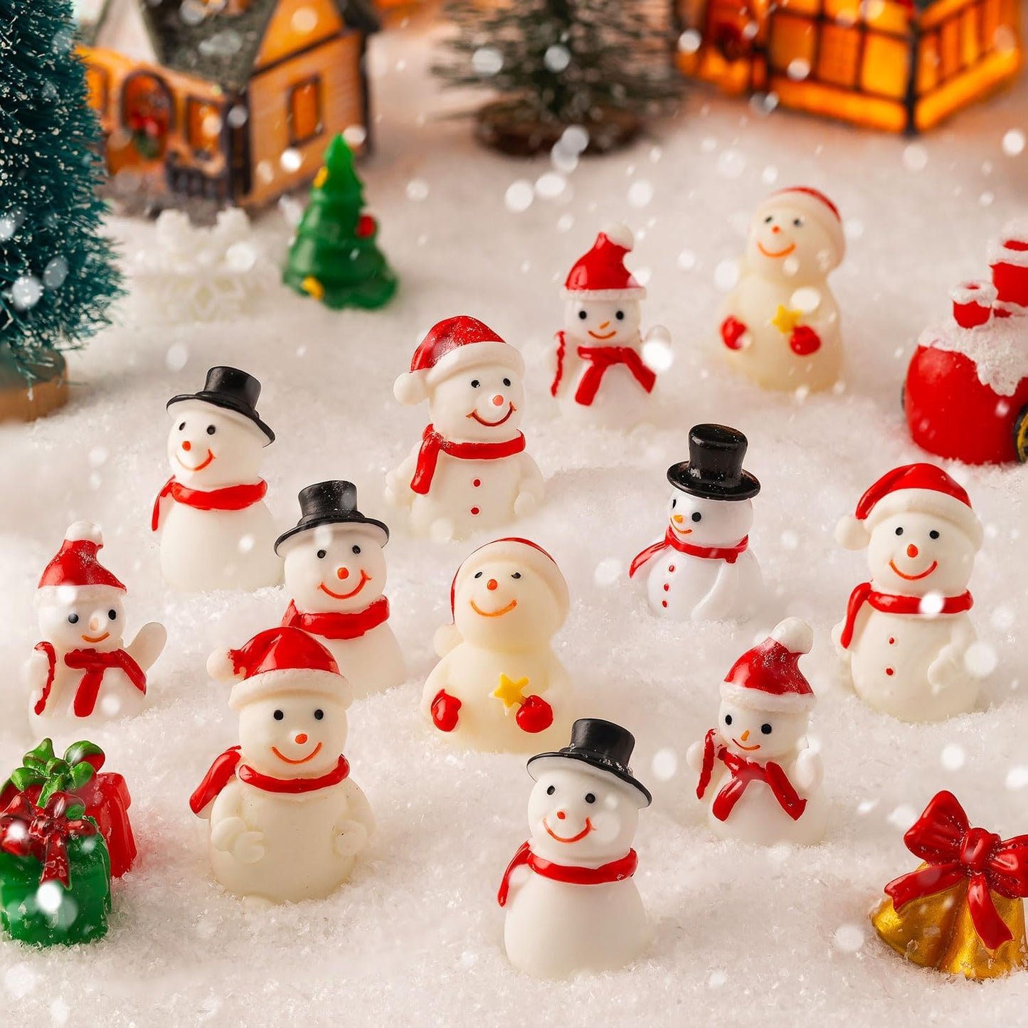 Skiennix Mini Snowman Figurines - 36Pcs Resin Snowmen with Hats for DIY Christmas Decor