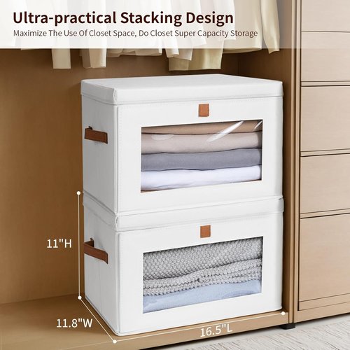Homsorout Large Storage Bins - Collapsible Fabric Organizers with Handles & Windows | 2-Pack, White
