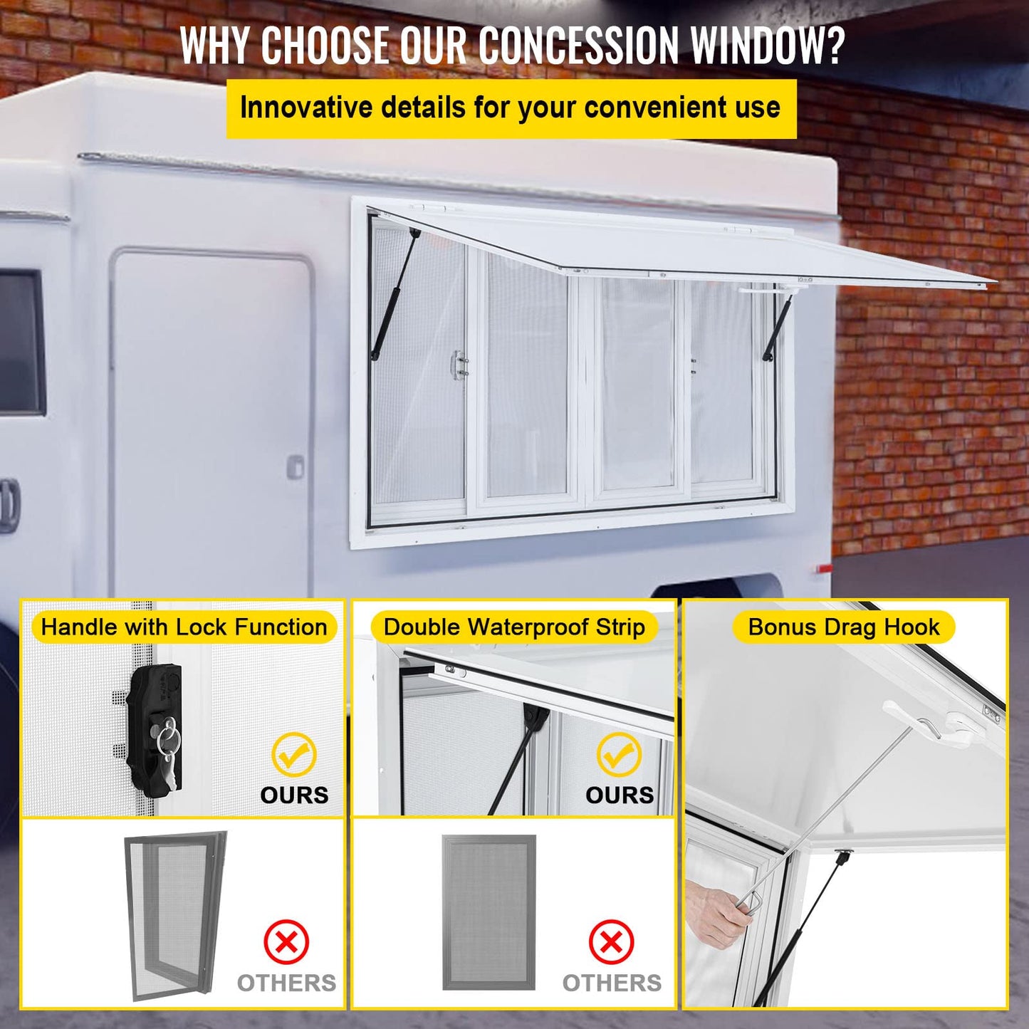 VEVOR Concession Window for Food Trucks Concession Trailers, 53 x 33 inch, Aluminum Alloy, with 4 Horizontal Sliding Screen Windows & Awning Door & Drag Hook