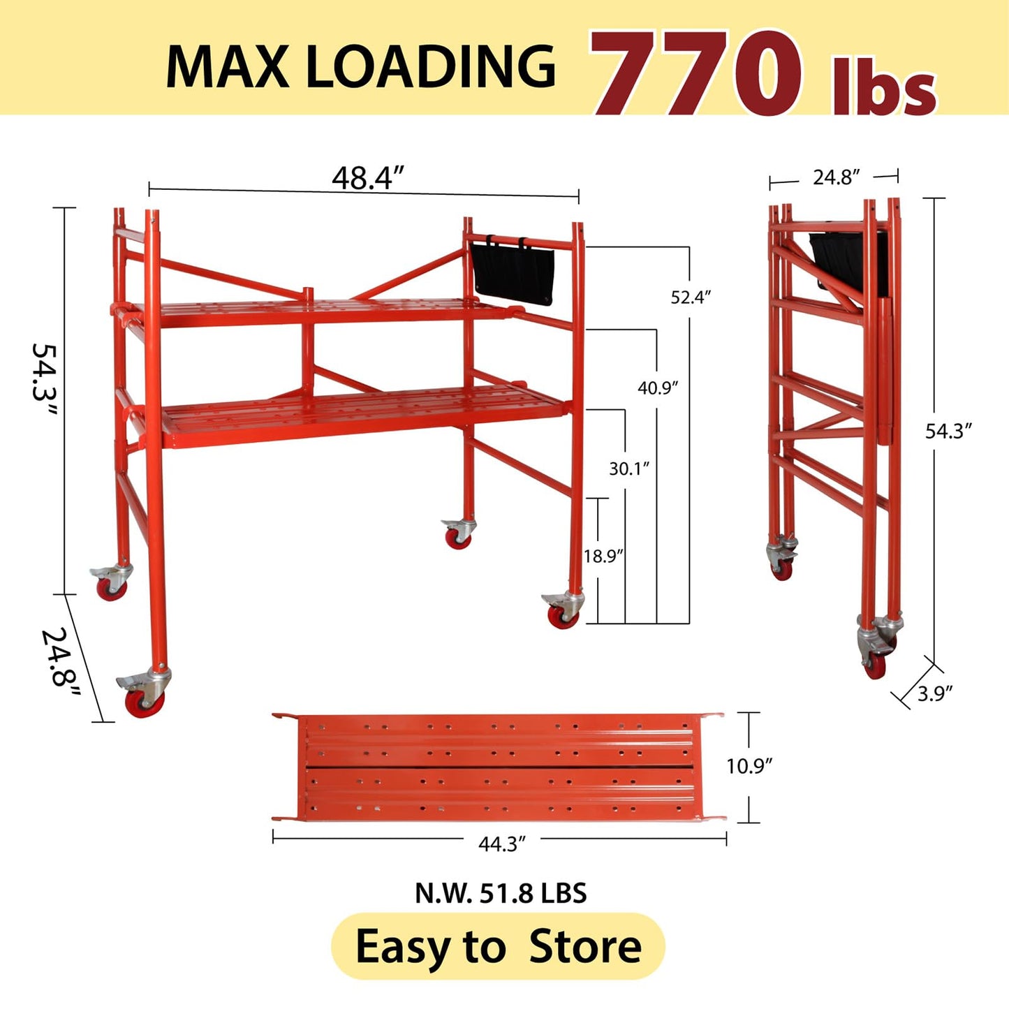 LEADALLWAY Portable Rolling Scaffolding Platform 4 Foot High Mobile Baker Scaffolding 770 LBS Capacity with Locking Wheels and Tool Bag, Red
