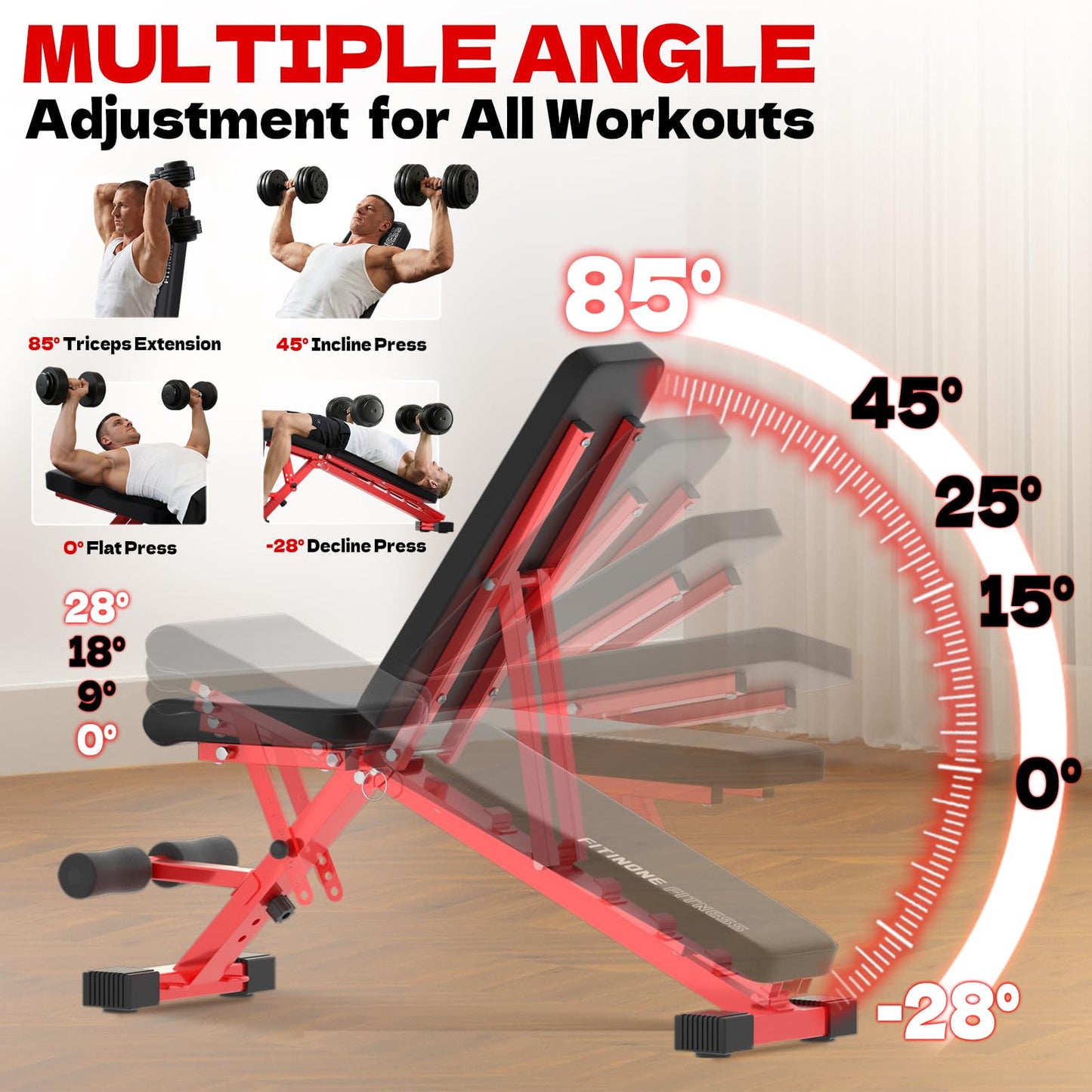 FitinOne Adjustable Weight Bench, 800LBS Foldable Workout Bench for Home Gym, Incline Decline Flat Bench Press with Quick Folding & Fast Adjustment