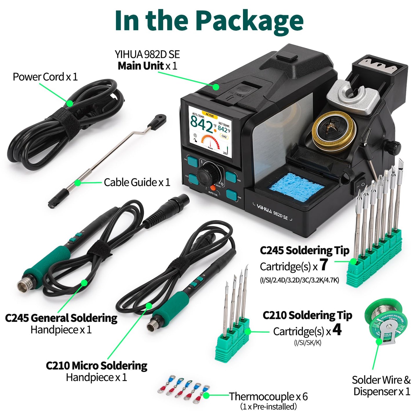 YIHUA 982D SE 200W Micro Soldering Kit with Precision Soldering Iron Station with 11 Soldering Tips, Lead-Free Solder, Auto Temperature Calibration Function