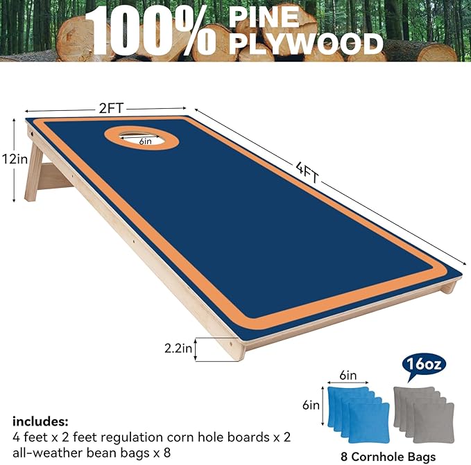 Cornhole Board Set - No Bounce,Regulation Size 4x2 ft,Made of 1/2" Pine Plywood,UV Printing Includes 8 Bean Bags and 2 Cornhole Boards,Perfect for Outdoor Games and Gatherings