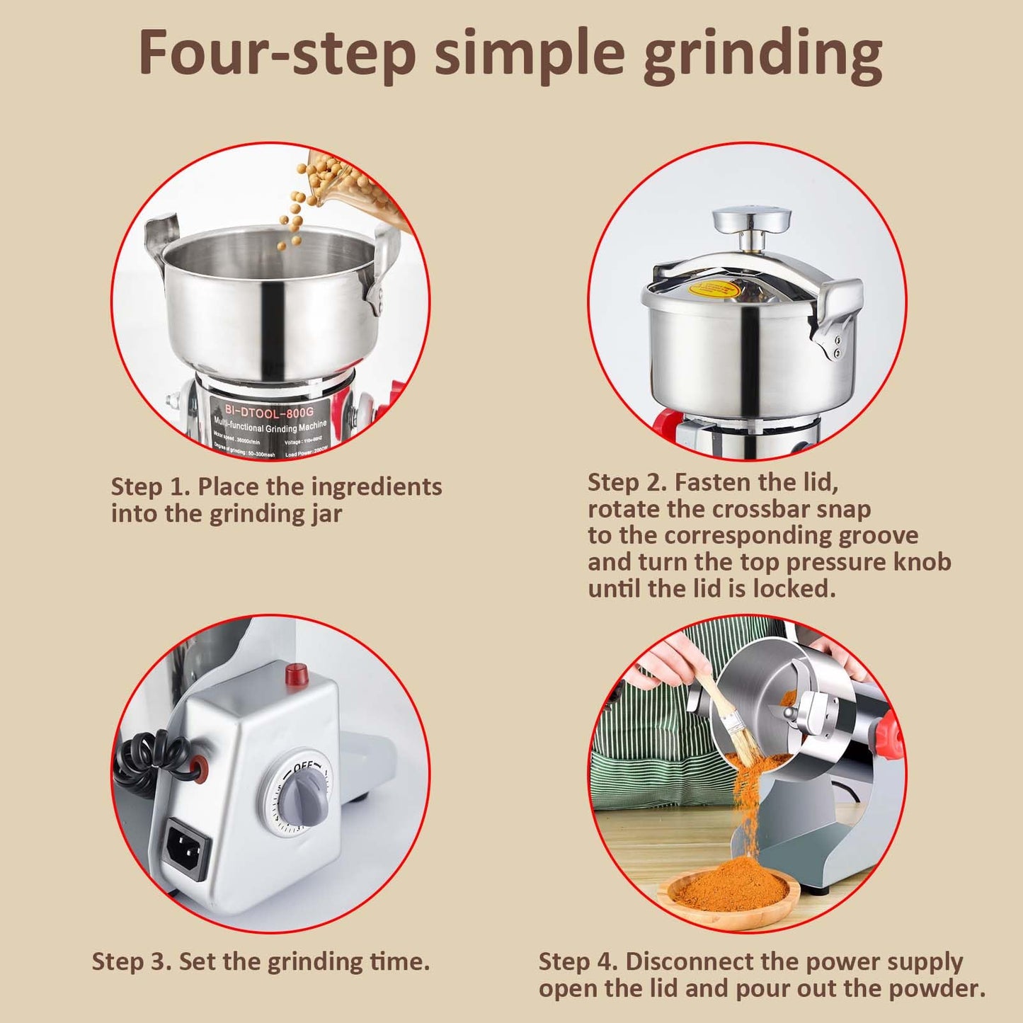 BI-DTOOL Electric Grain Mill Grinder 3600W Dry Material Grinding Machine 2000g Stainless Steel Pulverizer 36000r/min High-speed Grain Mill 270° swingable Superfine powder for Home and Commercial 2000g