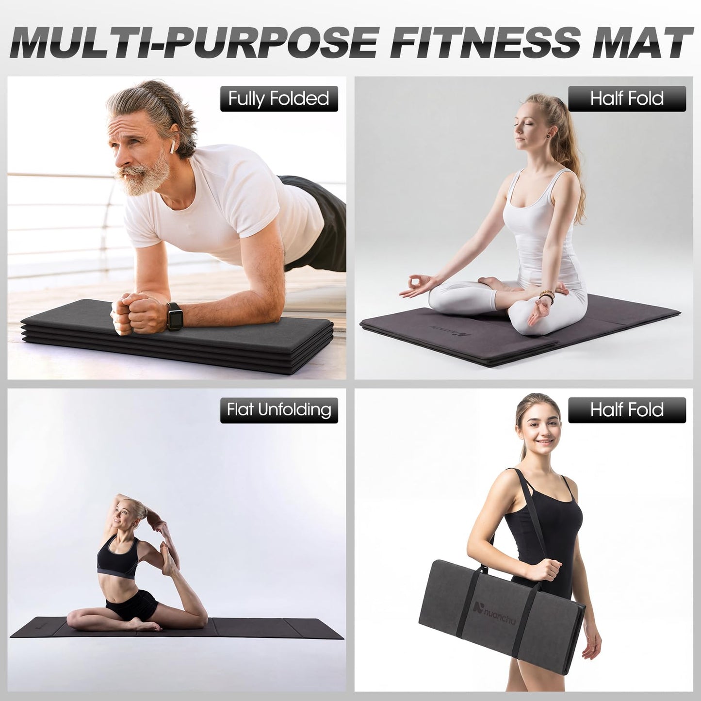 Nuanchu 3 Packs Foldable Yoga Mat Yoga Gift Non-slip Fitness Pilates Mats 6mm Thick with Strap Poe Material 69 x 24 x 0.24" Lightweight Multi-purpose Workout Mats for Exercise Home Travel(Black)