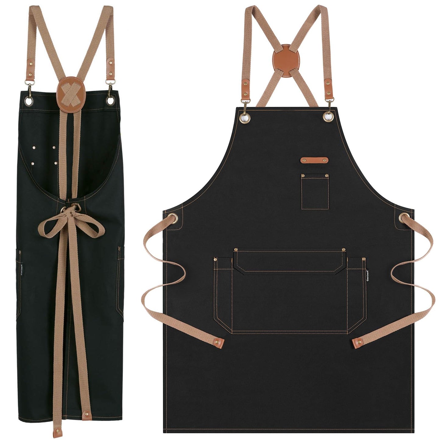 RockyToy Chef Apron with Cross Back Straps for Men Women, Cotton Canvas Apron for Artists Painting, Kitchen Cooking - Black