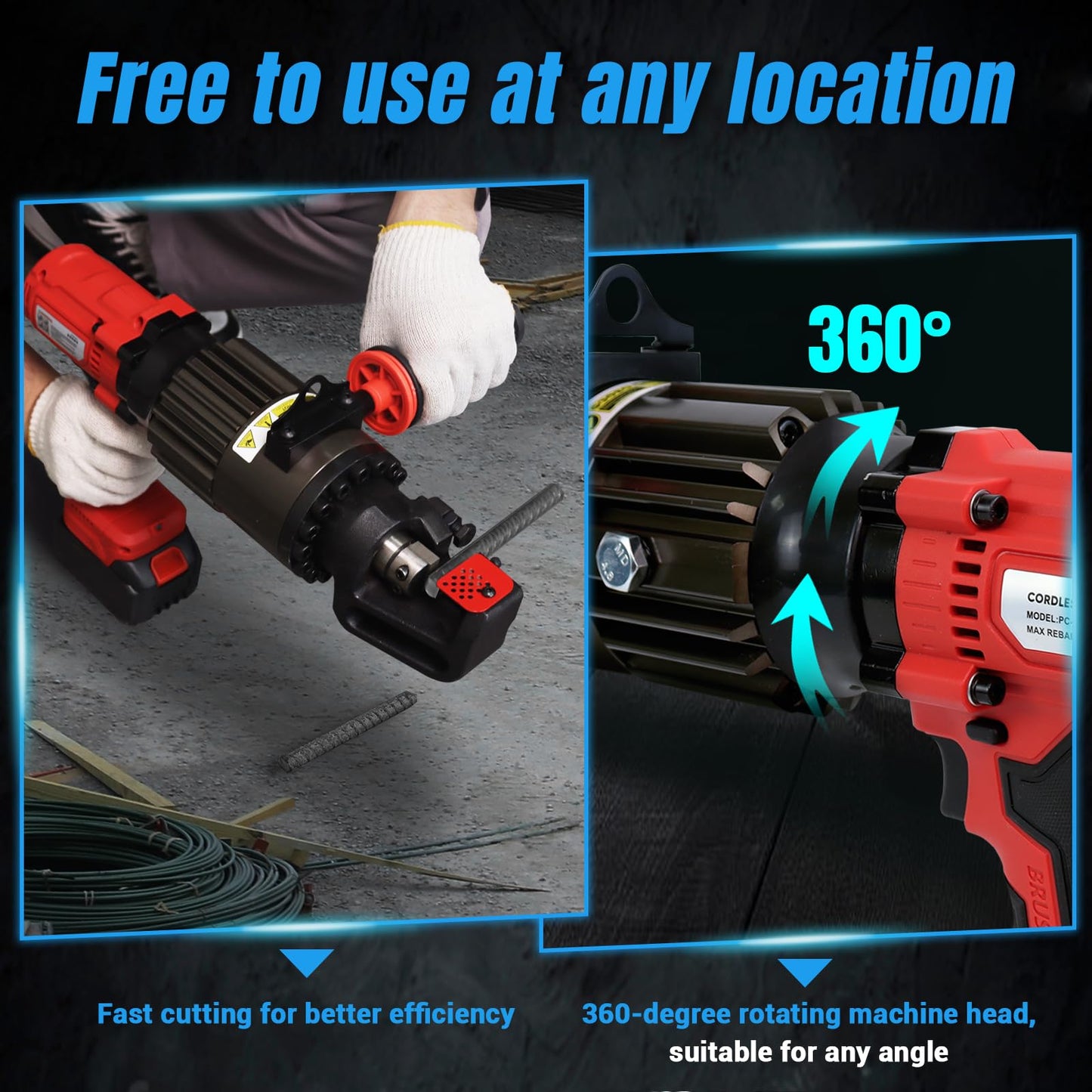 LOSCHEN 360-degree Rotation Cordless Rebar Cutter,Portable Handheld Rebar Cutting Saw,Electric Hydraulic Rebar Cutter,Cutting up from 3/20" (4mm) #3 to 7/8" (22mm) #7 Rebar (Li-ion Battery Version)