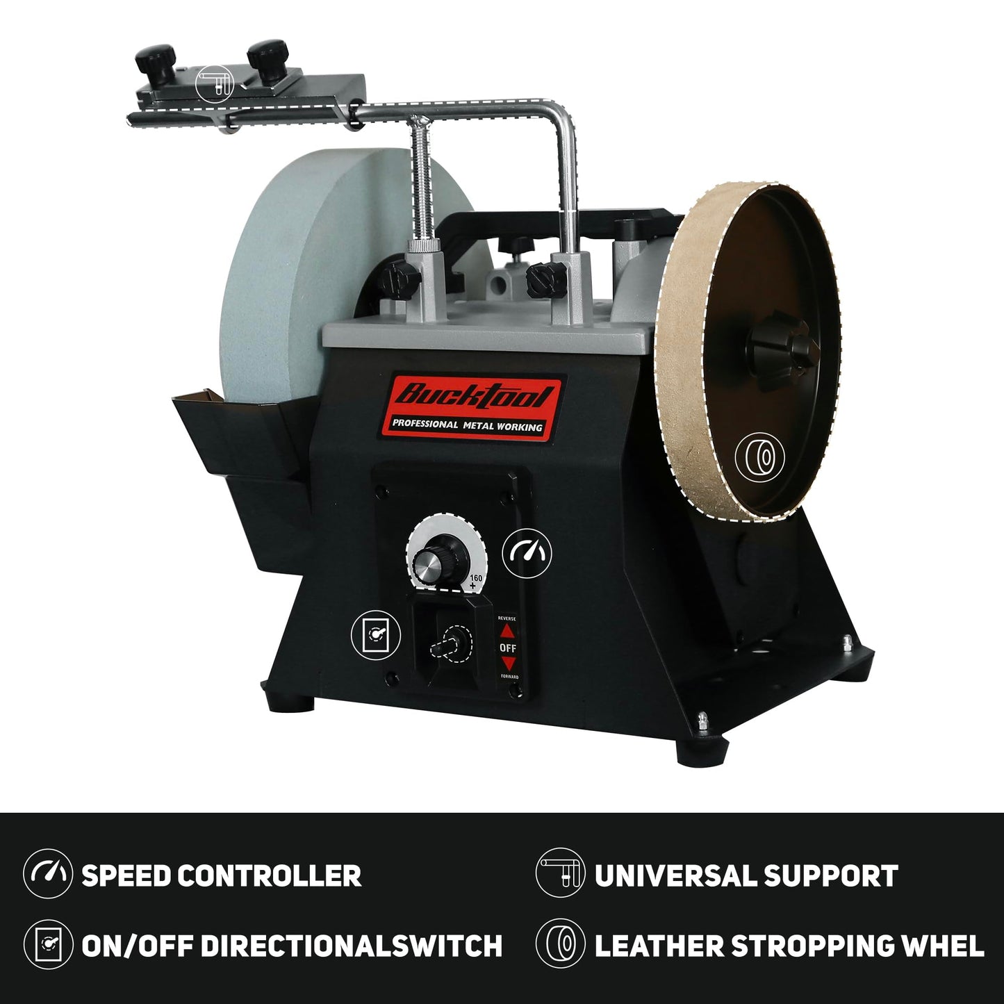 BUCKTOOL 10-Inch Variable Speed Wet Sharpening System, 1.2-Amp Two-Direction Water Cooled Wet Stone Grinder 90-160RPM, Wet Bench Grinder for Knife, Chisel, Knife, Axe, SCM8103