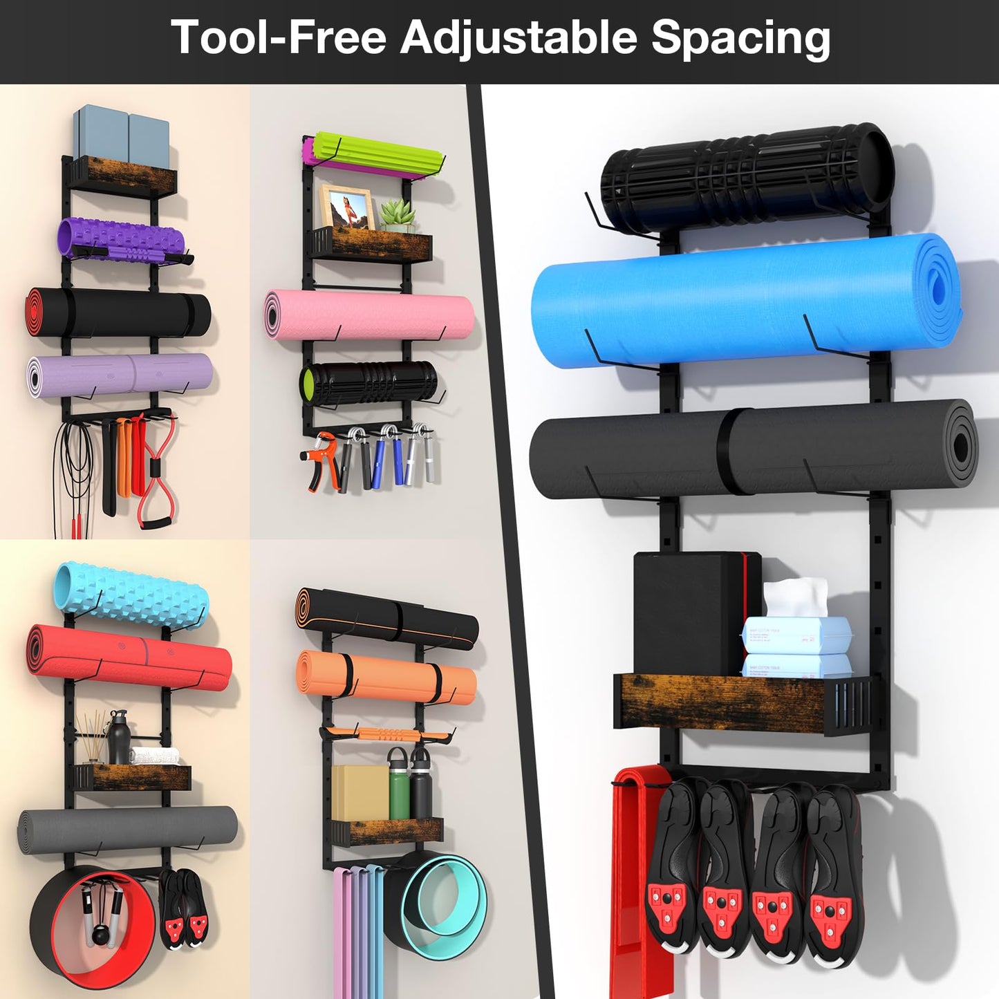 Yoga Mat Holder Wall Mount - Tool-free Adjustable Yoga Mat Rack Shelf, All-in-one Foam Roller Holder for Resistance Bands & Blocks, Space-saving Home Gym Organizer for Small Space Training Storage
