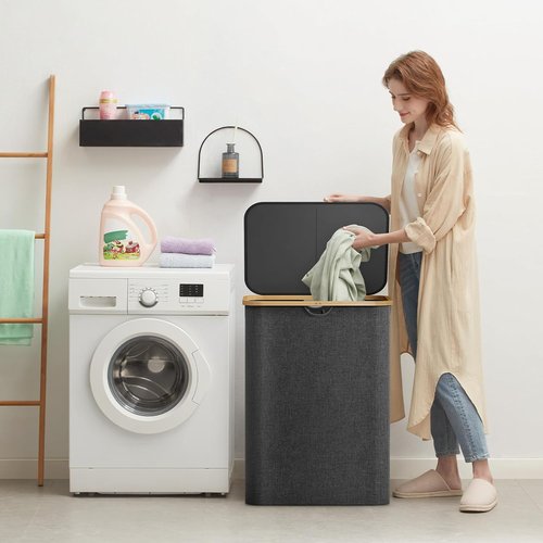 Lifewit 150L Laundry Basket - Foldable Hamper with Lid & Bamboo Handles | Dark Gray, 2 Removable Bags