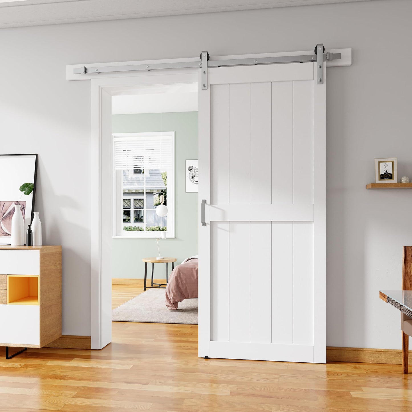 ALAMEDADT 36''x84'' Sliding Barn Door with 6.6 Ft Brushed Nickel Hardware Kit& Handle& Floor Guides,Pre-Drilled Holes Easy Assembly - Include Installation Manual, Water-Proof PVC Surface, H-Frame