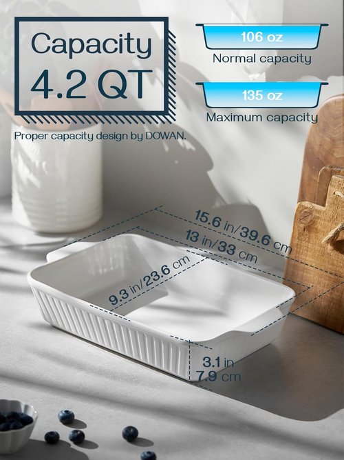 DOWAN Casserole Dish - 9x13 Ceramic Baking Pan | Large 4.2 Quart Oven Safe Lasagna Dish with Handles