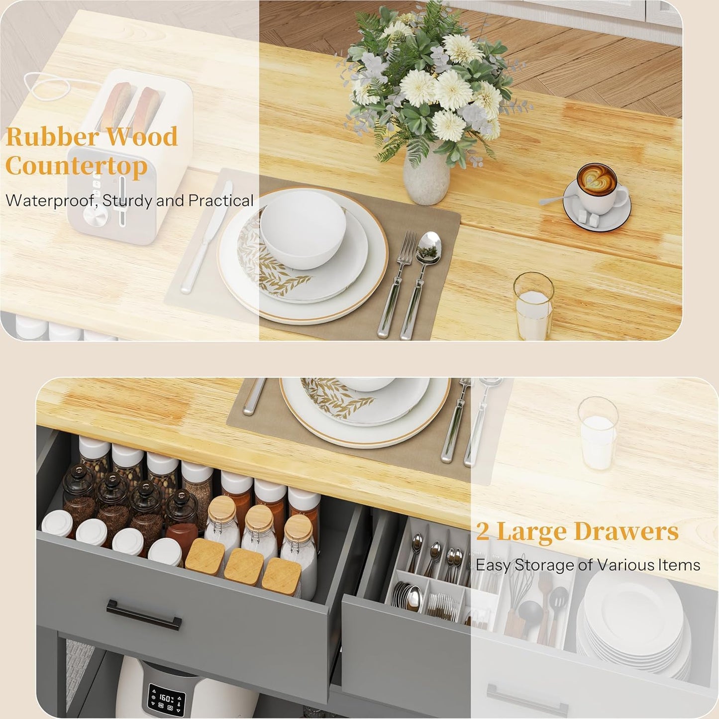 DynJest 47.3" Solid Rubberwood Kitchen Island with Power Outlets - Extra Large Work Surface, 2 Drawers & Open Shelves Storage Cabinet for Kitchen Dining Room, Farmhouse Style (Grey)
