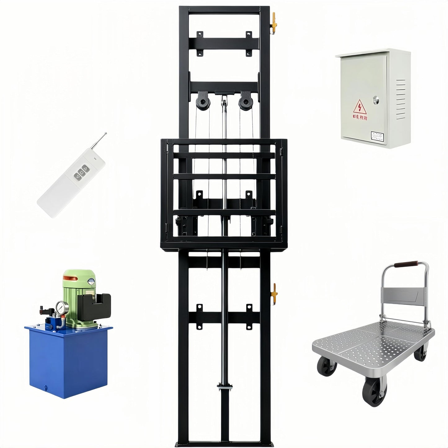 1Ton/2200Lbs Electric Hydraulic Lift Platform, Wall Mounted Freight Elevator with 47.24Inch Upgraded Fence, Anti-Fall Anti-Crush Anti-Top Impact Safety Rail Hoist for Factory Warehouse Household