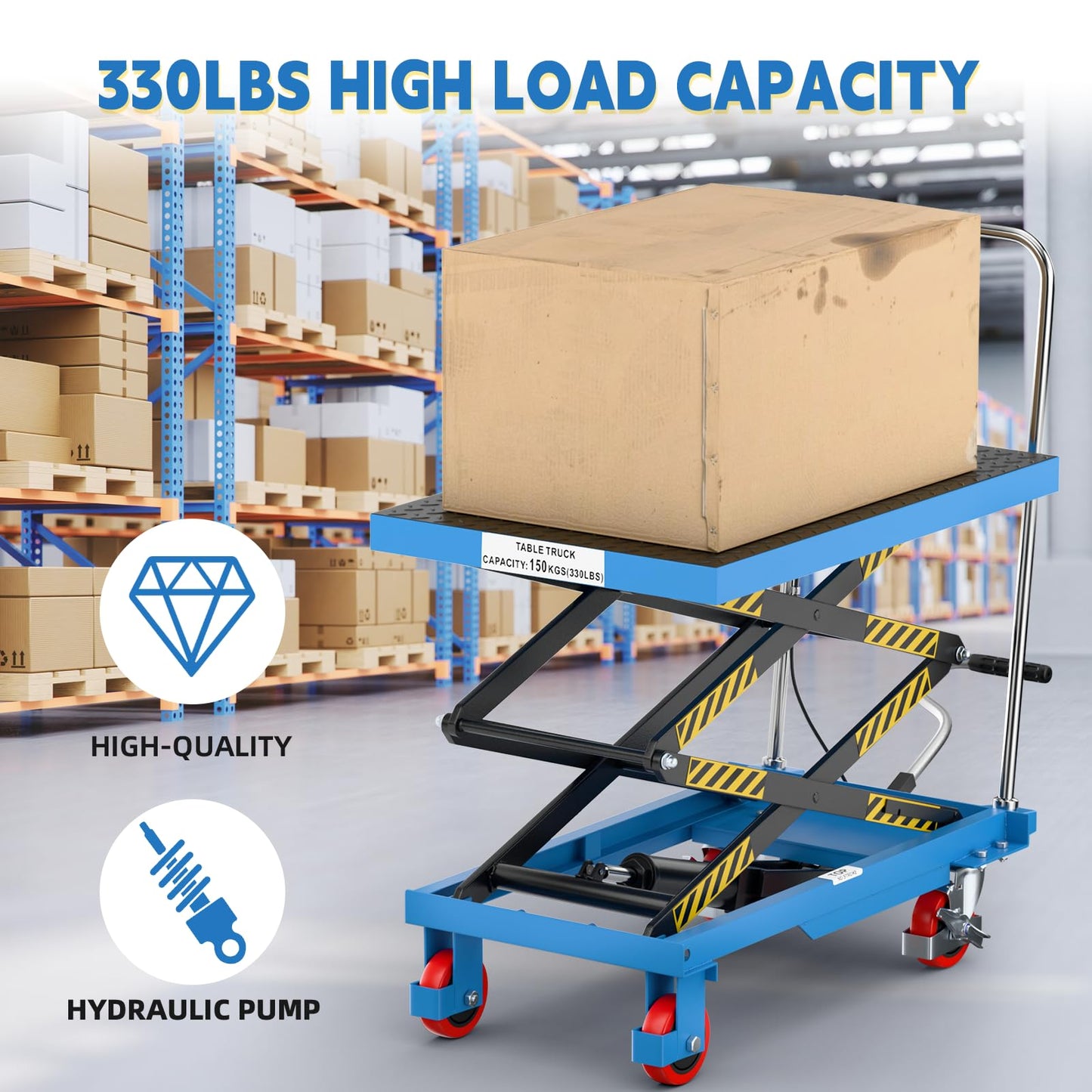Hydraulic Lift Table Cart, Double Scissor Lift, 330 Lbs Capacity, 50" Height with Non-Slip Pad, 4 Safety Bumper PU Wheels, Ideal for Home, Garage, Supermarket, Factory, Warehouse, Construction