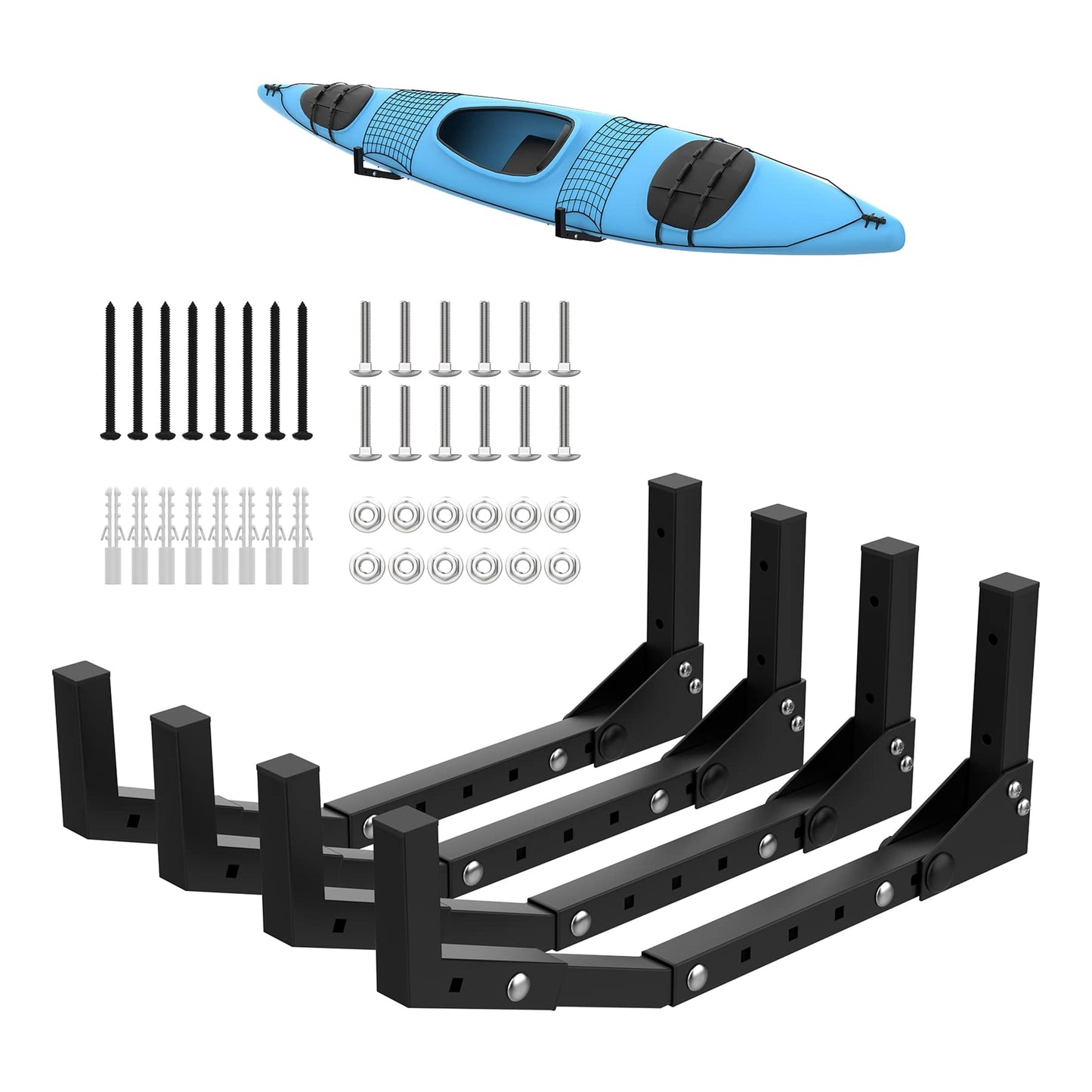 WALMANN Kayak Storage Rack, Wall Mount Kayak Hooks for Garage Kayak Wall Hangers for Kayak, Surfboard, Skiis, Snowboard, Paddle Board(2 Pairs for 2 Kayaks)