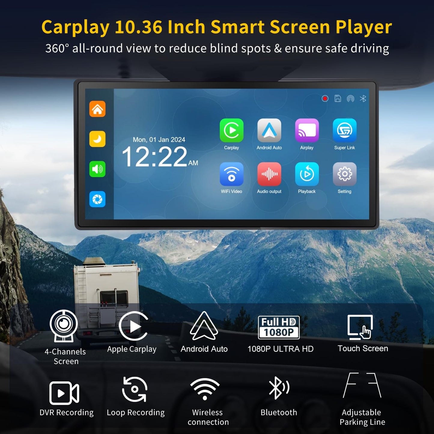 Semi Truck Camera System with Apple Carplay & Andriod Auto,Dash Cam for Semi Truck with 4-Channel 1080P RV Camera System,10.36" IPS Touchscreen, 360° All-Round Recording, 24H Parking Monitoring