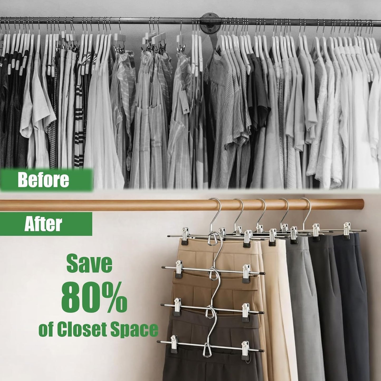 Skiennix Pants Hangers with Clips - 10 Pack Stackable Skirt Hangers for Space-Saving Closet Organization