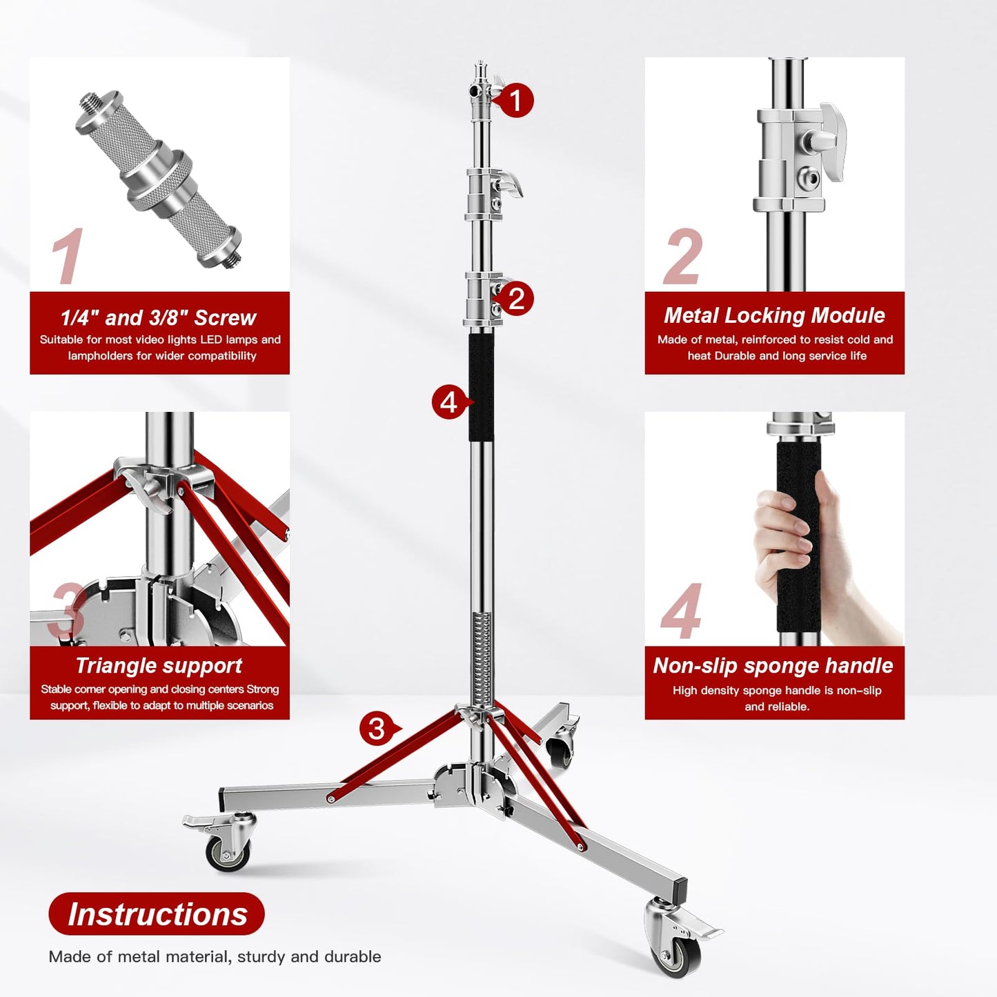 Heavy Duty Light Stand with Casters, 10ft/305CM 100% Stainless Steel 30kg/66lb Load Bearing Adjustable Photography Light Stand with Wheels for Photography Studio Softbox, Monolight