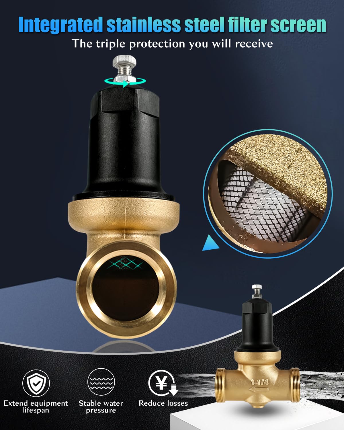 1-1/4 Inch 114-NR3XL Pressure Reducing Valve with Stainless Steel Screen,2 gaskets,Dual Union NPT Connections,Brass Water Pressure Regulator Compatible with Zurn for House/Commercial Water Supply