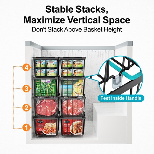 iSPECLE Deep Freezer Organizer Bins, 8 Pack Chest Freezer Baskets for 7 Cu.Ft, Stackable Wire Chest Freezer Organizer Bins for Small Food, Strong Metal with Handles for Meat and Veggies, Black