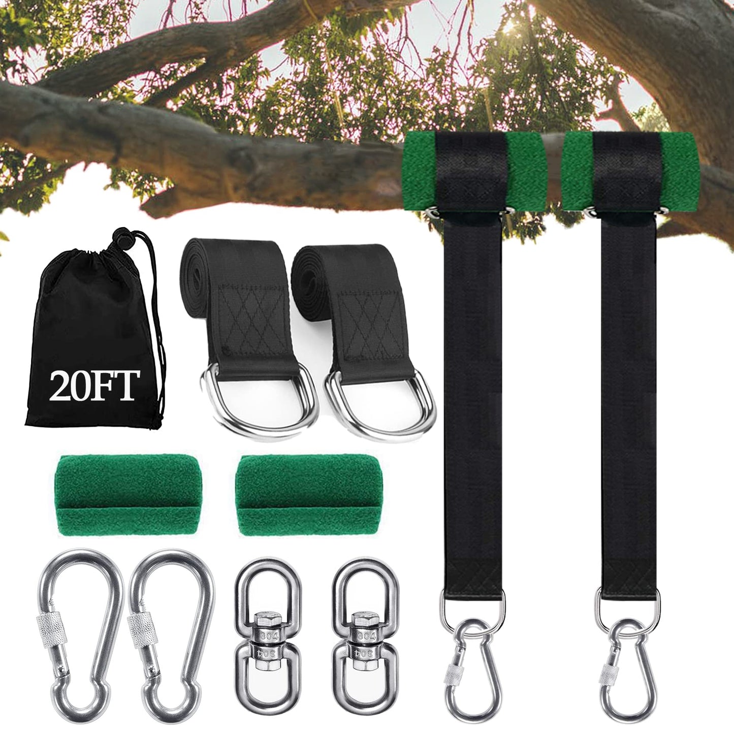 Werfeito Tree Swing Straps Hanging Kit (Set of 2), 3FT/8FT/10FT/20FT/30FT Tree Swing Straps Holds 5000 lbs with Tree Protector, Heavy Duty Carabiner and Swivel Perfect for Swings & Hammocks(20 FT)