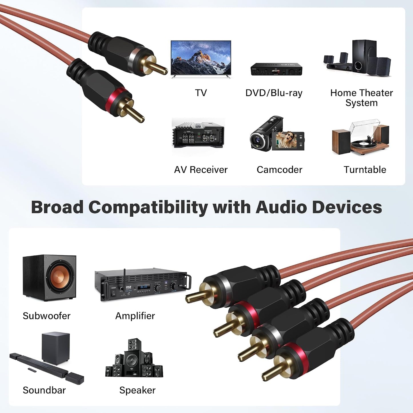 2 4 15 to Channel Male RCA Car Audio Cable Ft, Bi-Directional Y Splitter RCA Adapter Interconnect Cord, OFC Shielded