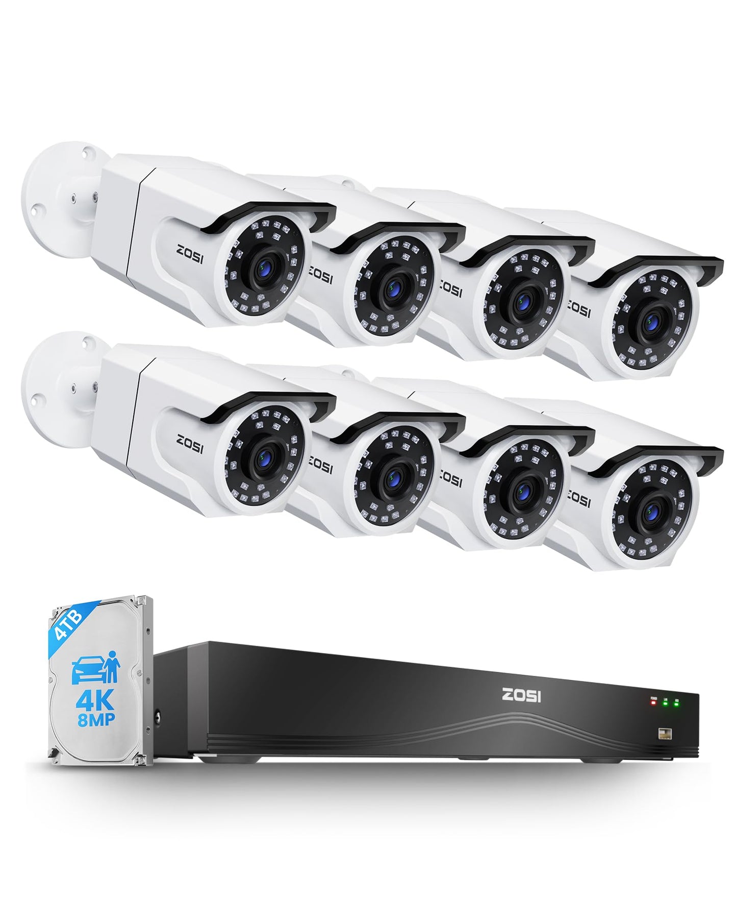 ZOSI 16CH 4K PoE Security Camera System, 8pcs 8MP Outdoor Metal Cameras with Audio, People Counting, Person/Vehicle Detection, Night Vision, 16 Port 32CH NVR with 4TB HDD for Business 24/7 Recording