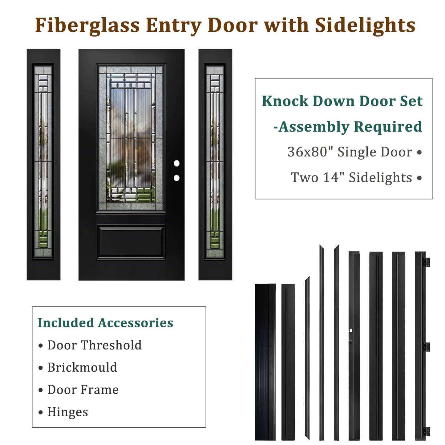 Fiberglass Front Door with Double Sidelights - 68" x 80", Single Exterior Entry Door with Decorative Glass and 14in Sidelights, Left Hand Inswing, Black Knock-Down Door, Brickmould and Jamb Included