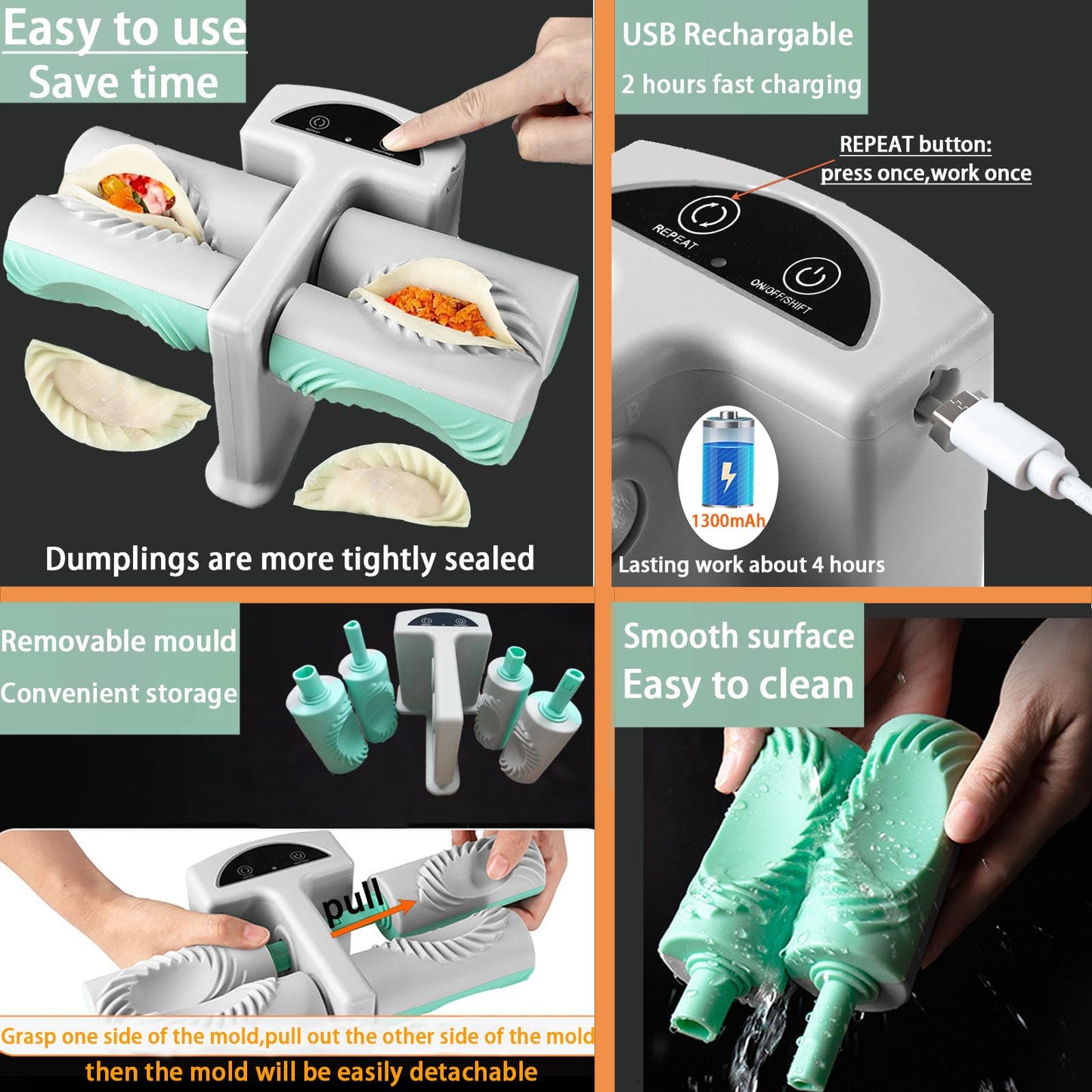 Electric Dumpling Maker Two Sizes Double Head Automatic Electric Dumpling Maker Machine Mould Household Quick Rechargeable Dumpling Maker Kit with Silicone Baking Mat,Dough Cutters,Spoon Brush