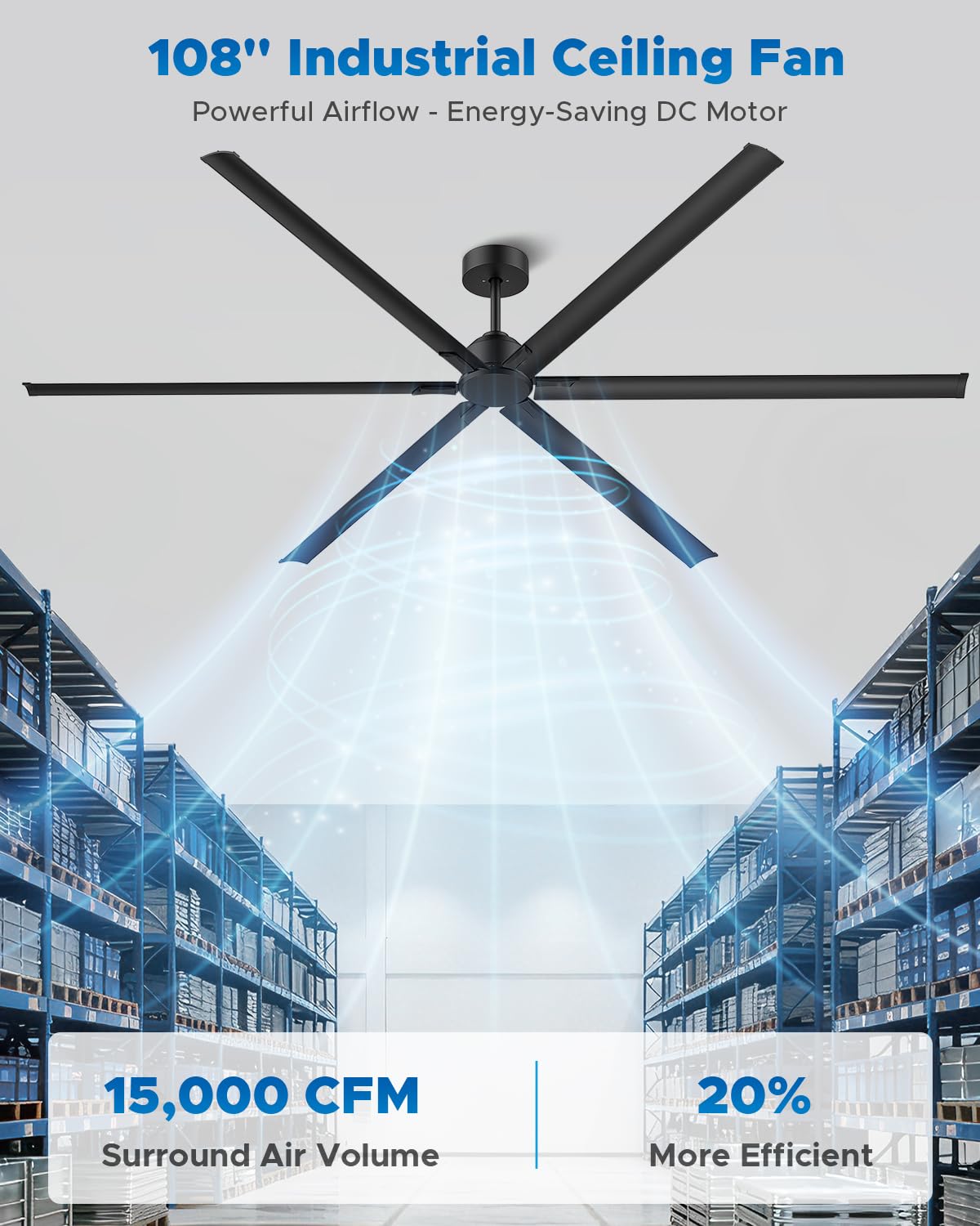 Esxnaeplzx 108 Inch Industrial Ceiling Fan, Large Commercial Ceiling Fan with 6 Aluminum Blades, HVLS Shop Fan for Garage Warehouse Gym, Quiet Reversible DC Motor, 6-Speed Remote, 3 Downrods, Black