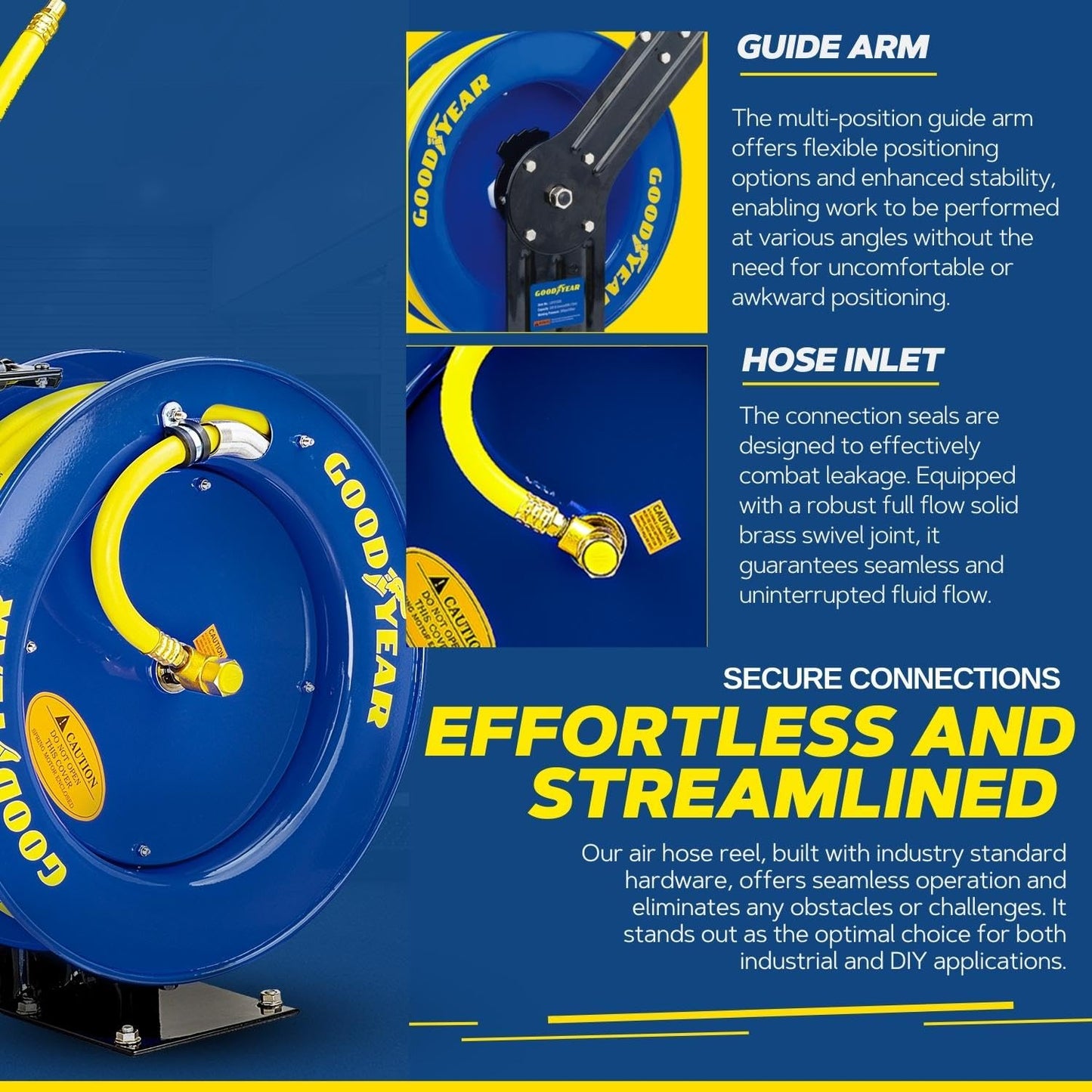 Goodyear Air Hose Reel Retractable 1/2" Inch x 65' Foot SBR Rubber Hose Max 300PSI Heavy Duty Industrial Steel Single Arm Construction
