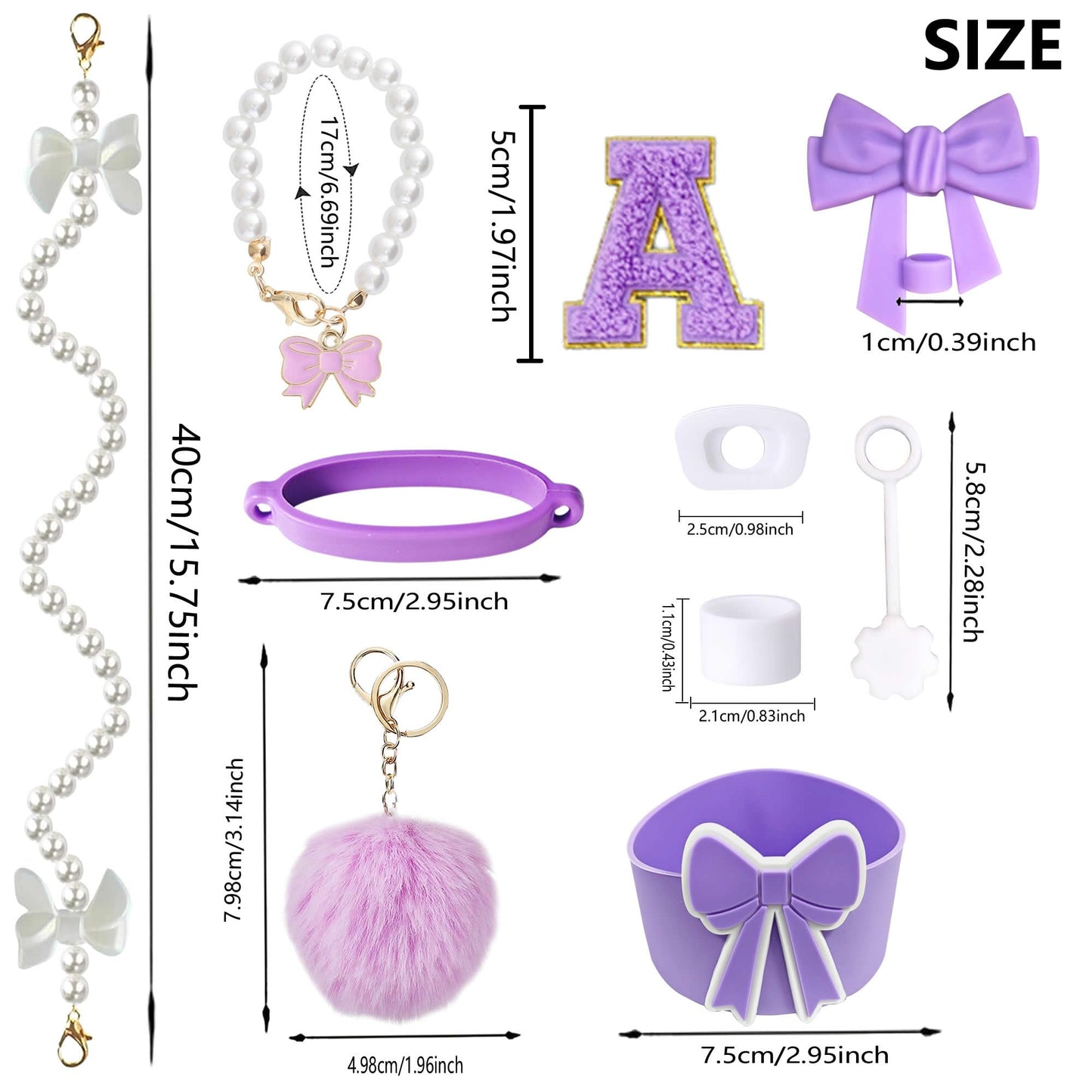 RNFVJH 10PCS Purple Stanley Cup Accessories Set for 30oz 40oz Tumbler with Handle, Includes Pearl Strap, Bow Straw Topper & Boot, Decorations Charms, Letter Sticker, Spill Proof Stoppers(A, Purple)