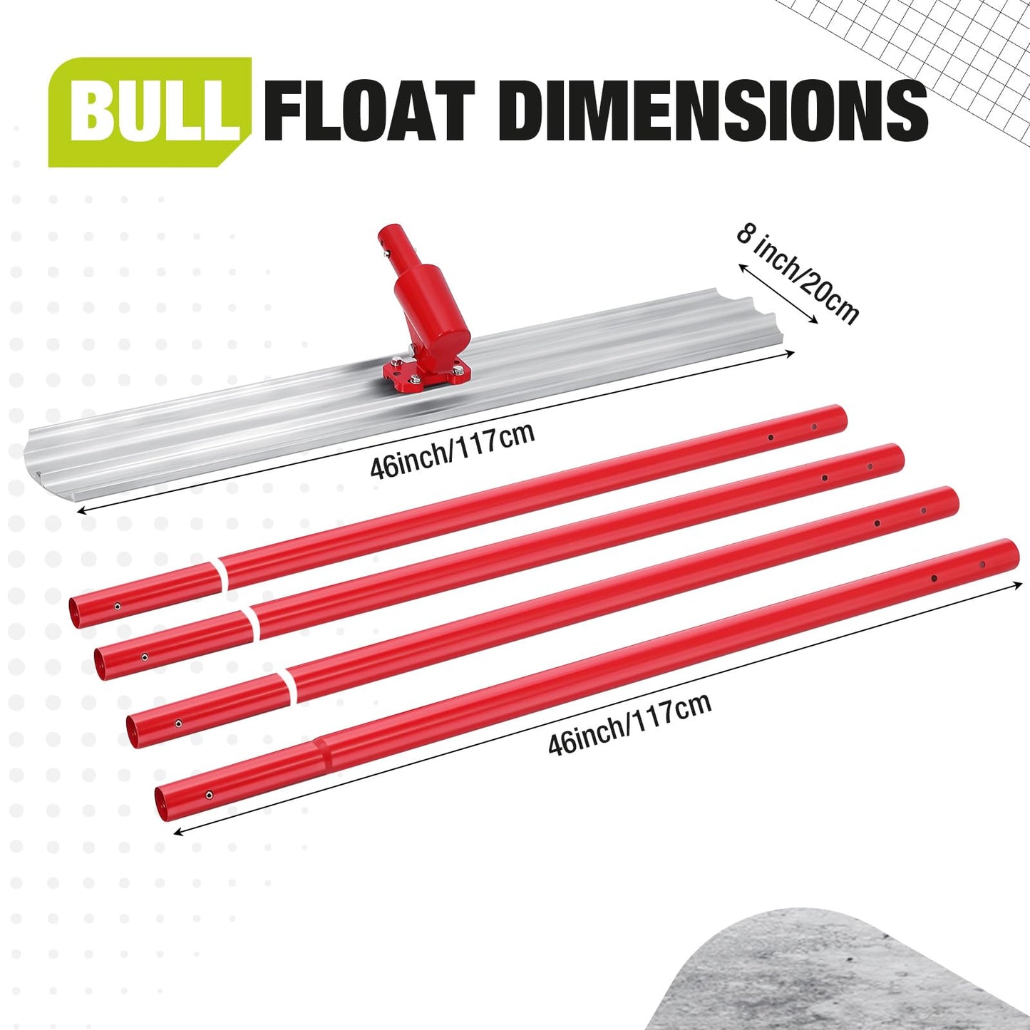 GarveeTech Concrete Bull Float Kit, 46 in x8 in Aluminum Magnesium Alloy Bull Float Concrete Finishing Tools with 4x46 in Handles & Bull Float Bracket