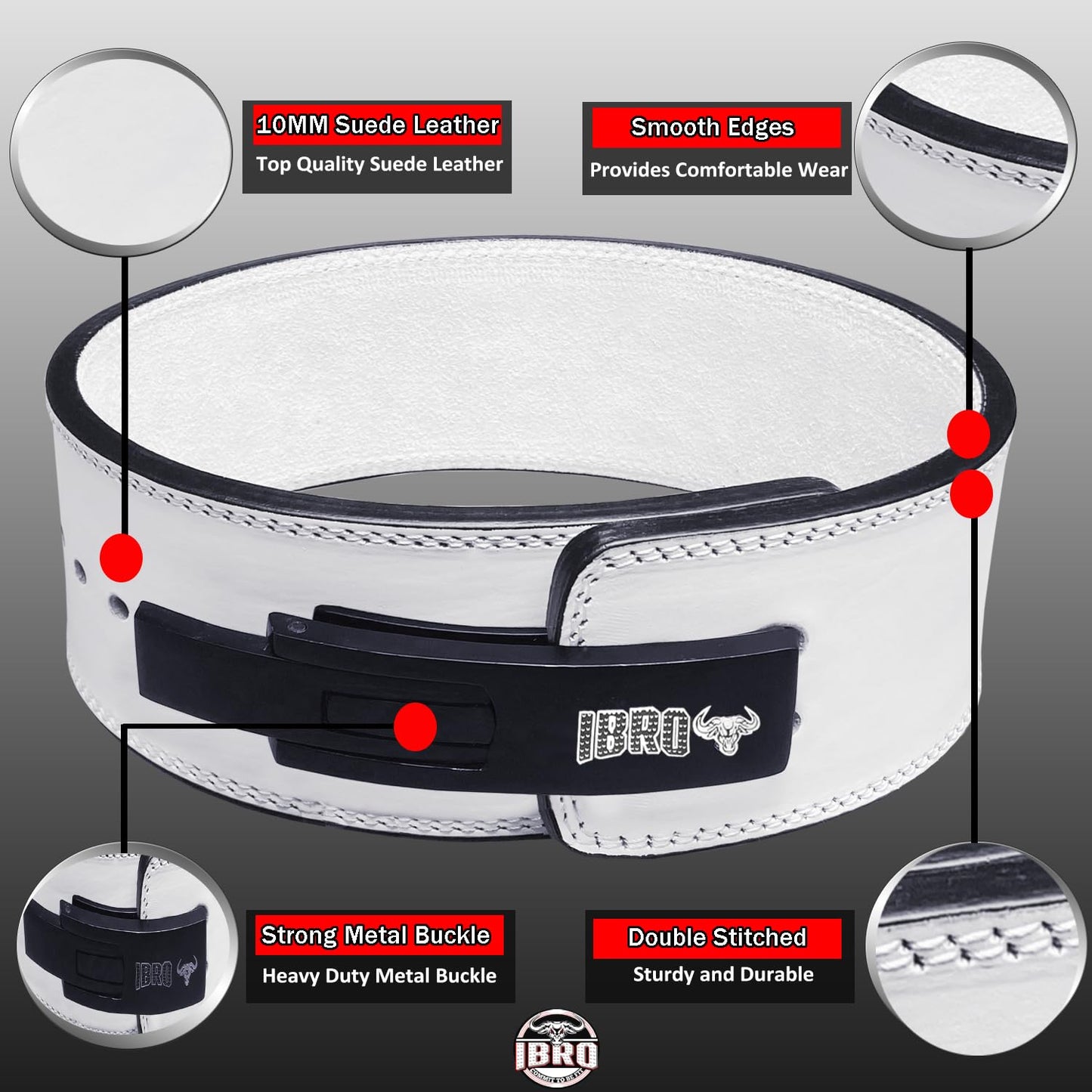 IBRO Powerlifting Lever Gym Belt – Power 10MM Extreme Heavy Duty Genuine Leather Belts - Squats Deadlifts Bodybuilding Weight Lifting IPF Power Lifting Strongman for Men 10mm AllWhite XL