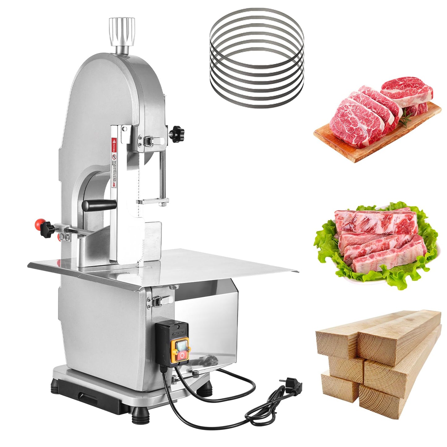 750W Electric Bone Saw Machine Commercial Electric Meat Bandsaw for Butchering, 18.1" x 12.4" Workbench, 0.4-4.3 Inch Cutting Thickness, Table Sawing for Cutting Rib, Frozen Meat with 5 Saw Blades