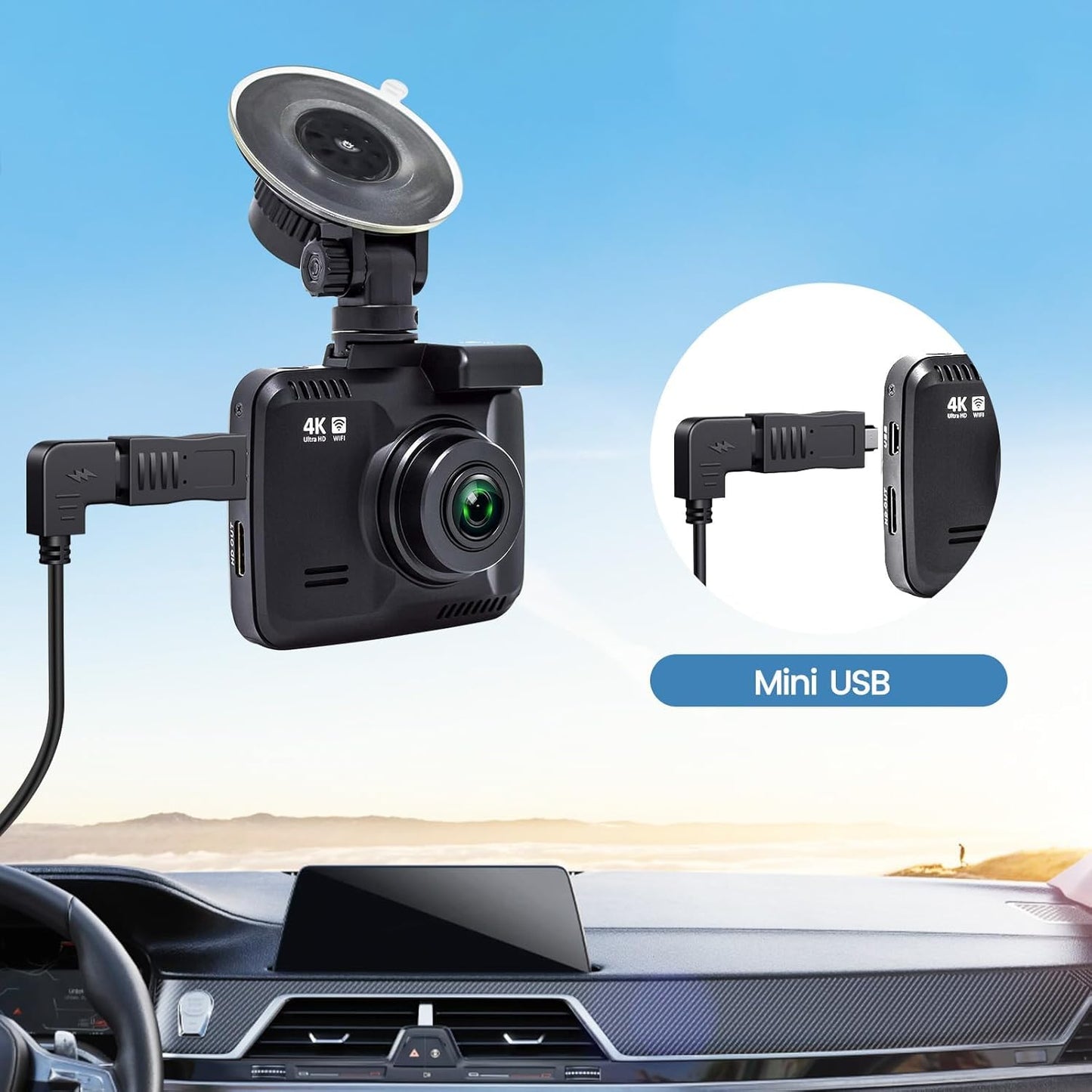 R2-4K, 11.5 USB C Dash Cam Cable for Rove ft Power Cord for REDTIGER Car Dashboard Camera, with Mini USB Adapter