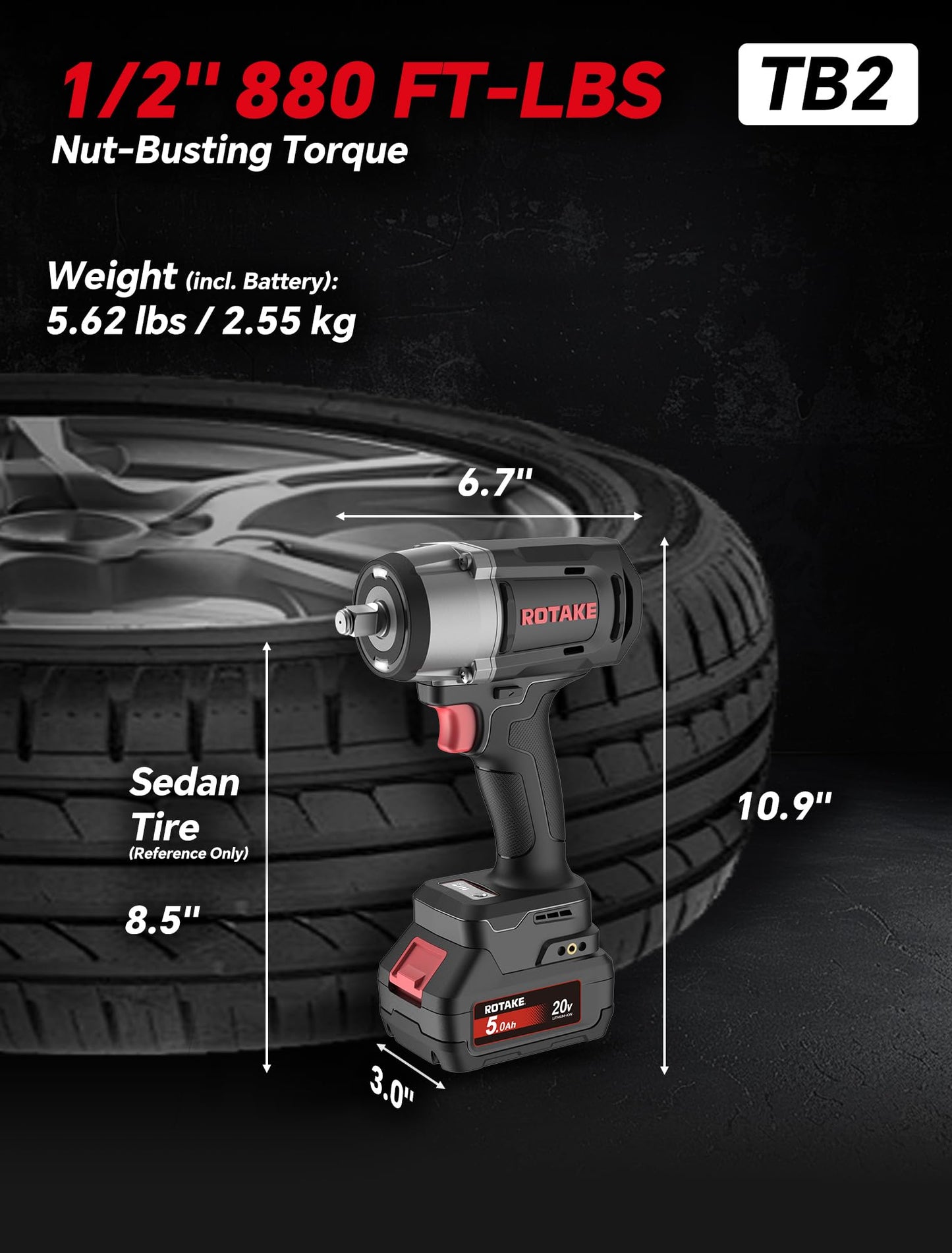 ROTAKE 20V Professional Middle Torque 1/2" Impact Wrench Kit, 880 FT-LBS Nut-Busting Torque, Cordless Impact Gun with Hog Ring, 3-in-1 Unibody Hammer Case, 5.0Ah Battery & 4A Fast Charger, TB2