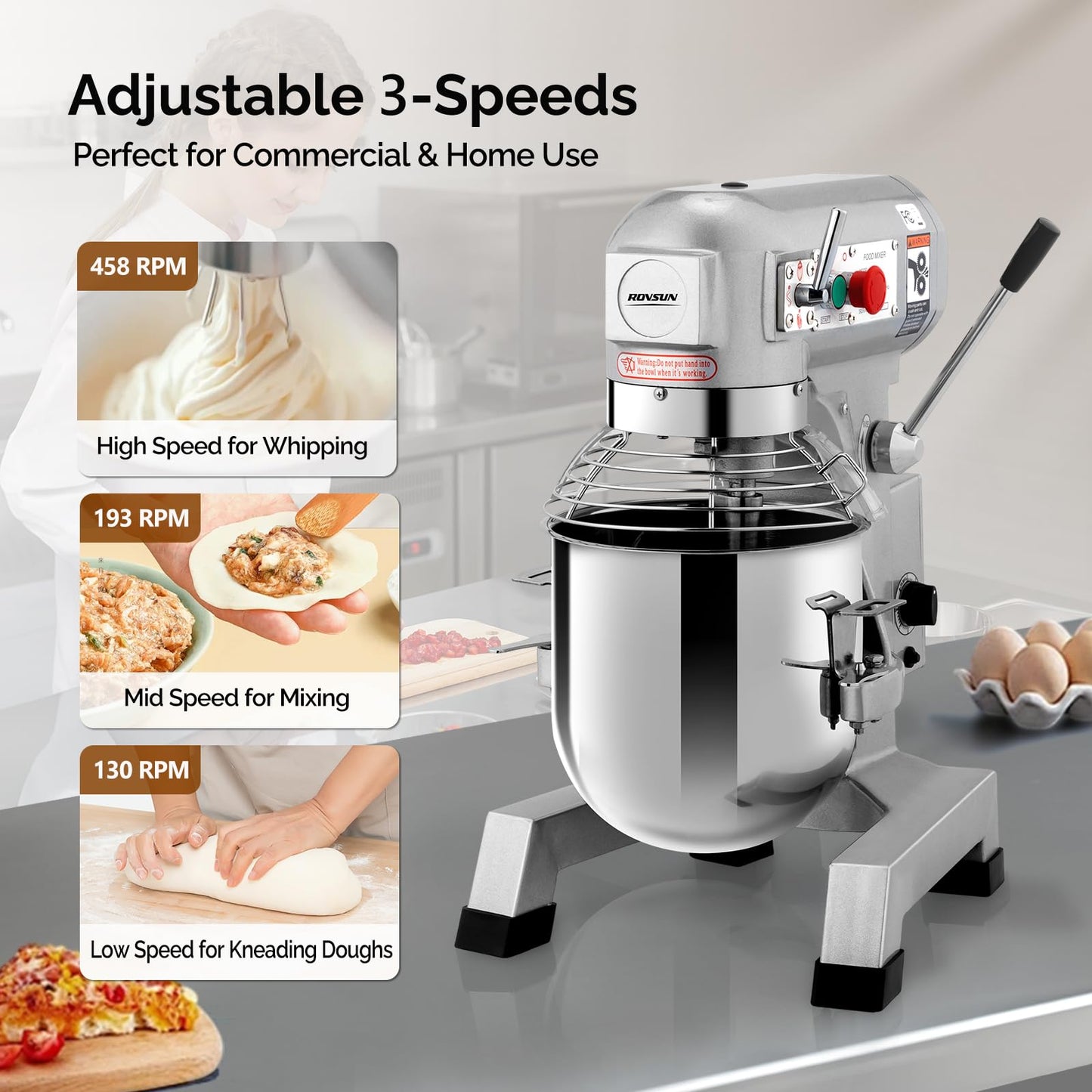 ROVSUN 30QT Commercial Food Mixer, 1100W Commercial mixer with 3 Adjustable Speed, Heavy Duty Electric Stand Food Mixer with Stainless Steel Bowl for Bakery Pizzeria