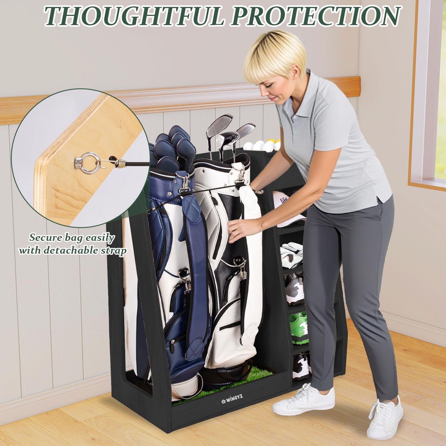 WINGYZ Premium Birch Plywood Golf Bag Storage for 2 Bags | 36lb Rock-Solid Golf Bag Organizer | 7-Shelf Command Center | Artificial Turf 12-Ball Display | No Wall Mounting Required (Black)