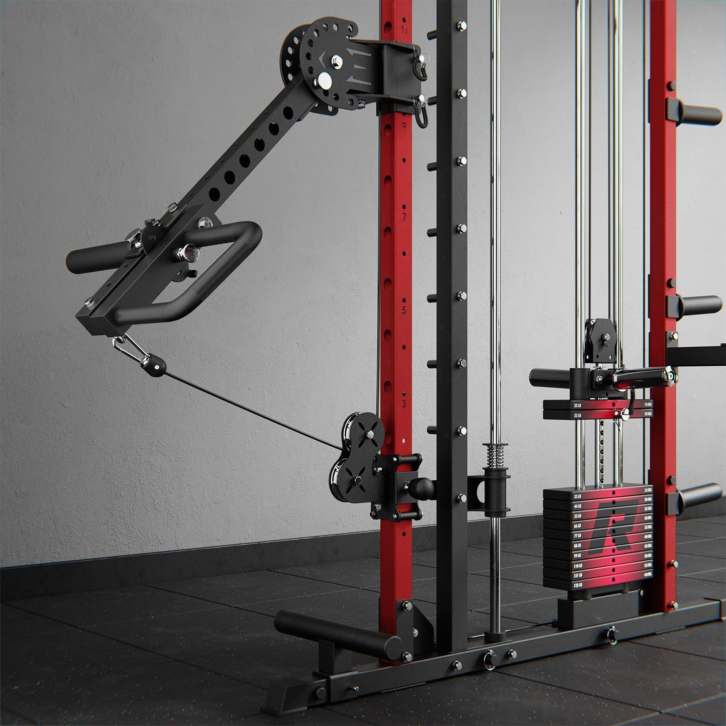 RitFit M1 Pro Smith Machine with LAM1 Adjustable Lever Arm Attachment, All-in-One Power Cage, Power Rack with LAT Pulldown & Cable Crossover System for Home Gym(Red with Weight Stack,CP230)