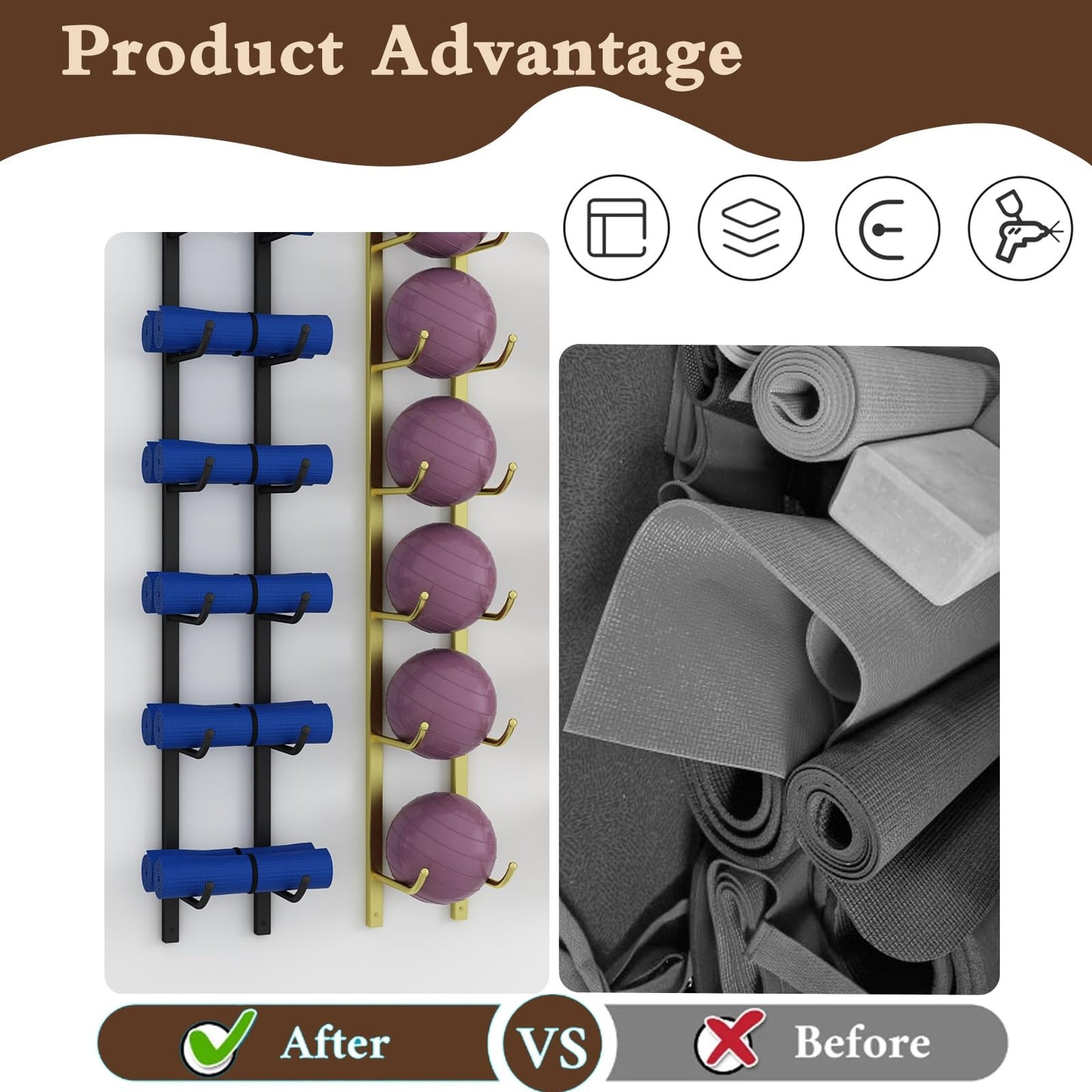 amhricho Yoga Mat Storage Rack, Wall Mounted Yoga Mat Holder, Large Capacity Storage Shelf, Multi-layer Storage, Home Hanging Storage Racks, Suitable for Home, Yoga Studio, Gym, School(Black,5-Tier)