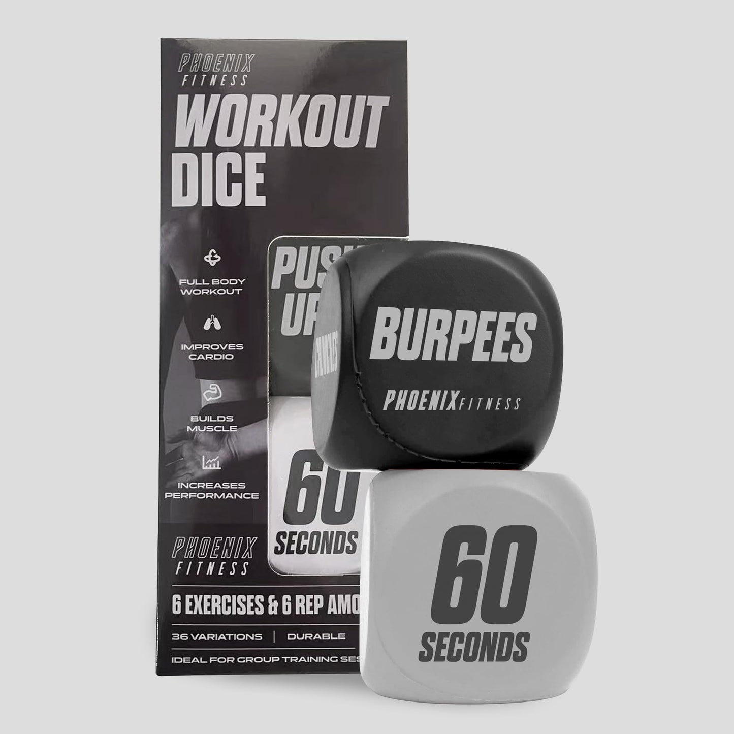 Phoenix Fitness Exercise Dice,Workout Dice Game for Cardio, HIIT Training and Exercise Classes,Training Includes Push Ups, Squats, Jumping Jacks, Crunches and Wildcard for Home and Gym,Black