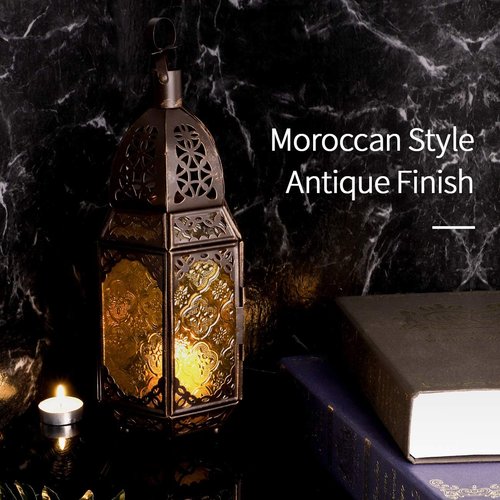 Lewondr Metal Glass Ramadan Candle Lantern - Moroccan Style Hanging Lamp for Home & Garden | Copper & Yellow