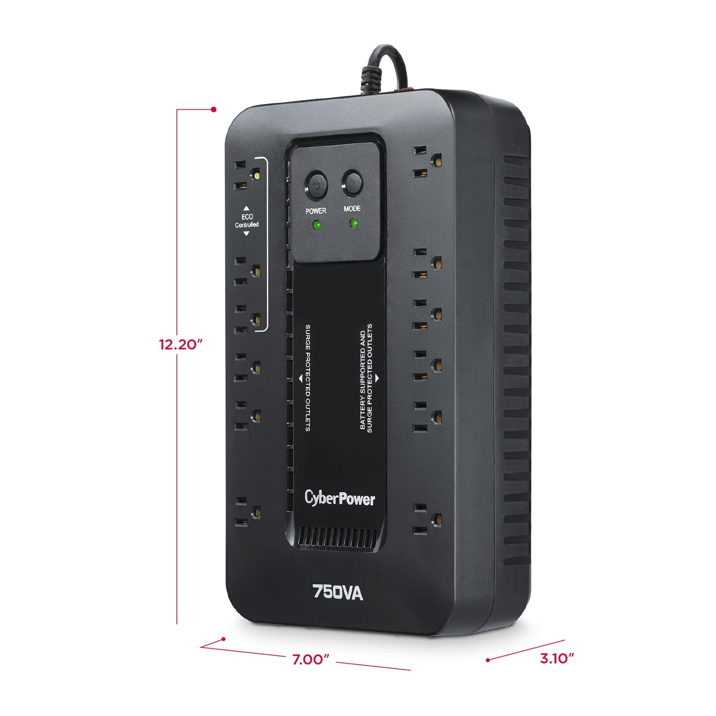 CyberPower EC750G Ecologic UPS Battery Backup and Surge Protector, 750VA/450W, 12 Outlets, ECO Mode, Compact, UL Certified